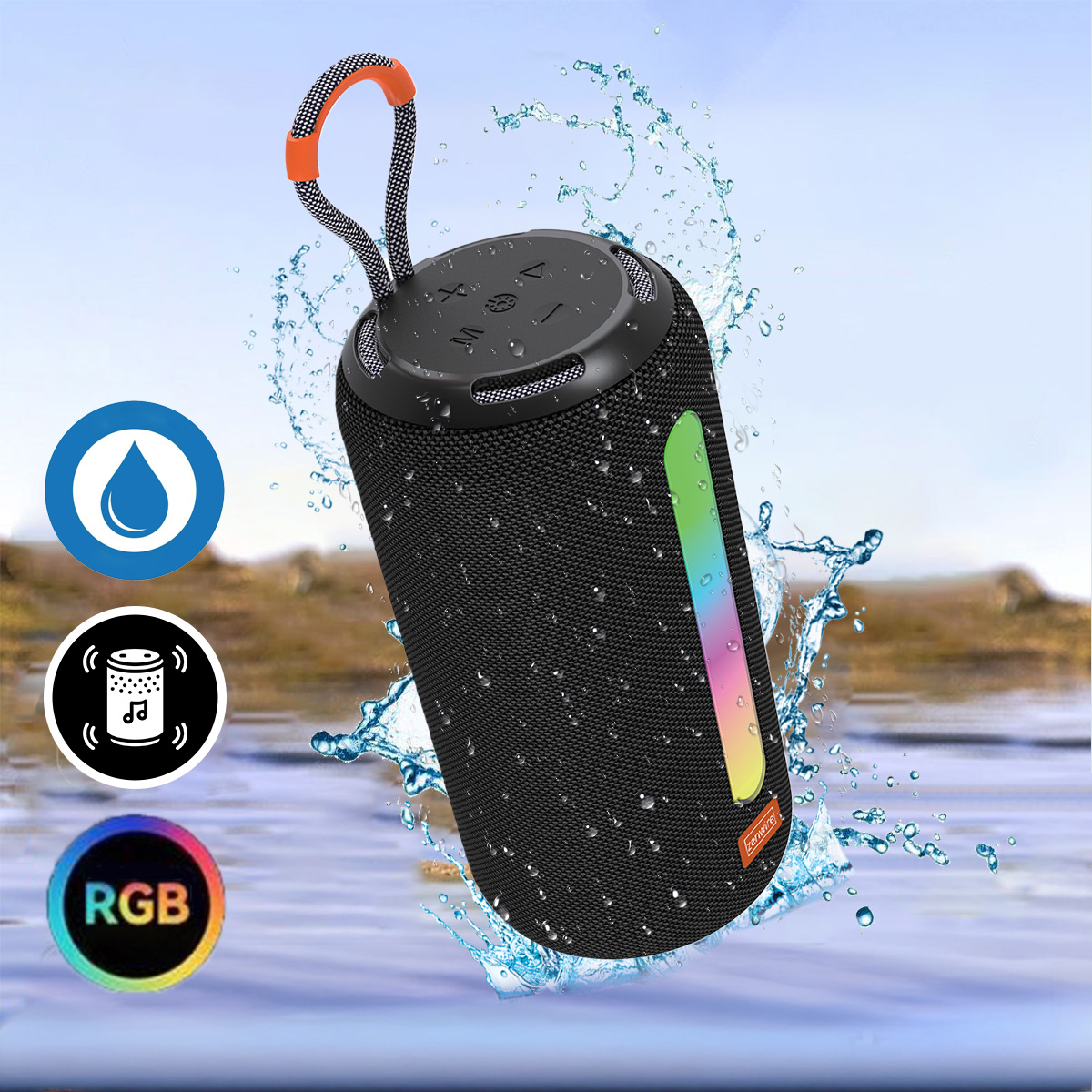 Czarny, wodoodporny głośnik z paskiem świetlnym RGB. Woda wokół. Tło niebieskiego nieba. Ikony wody, dźwięku i RGB.