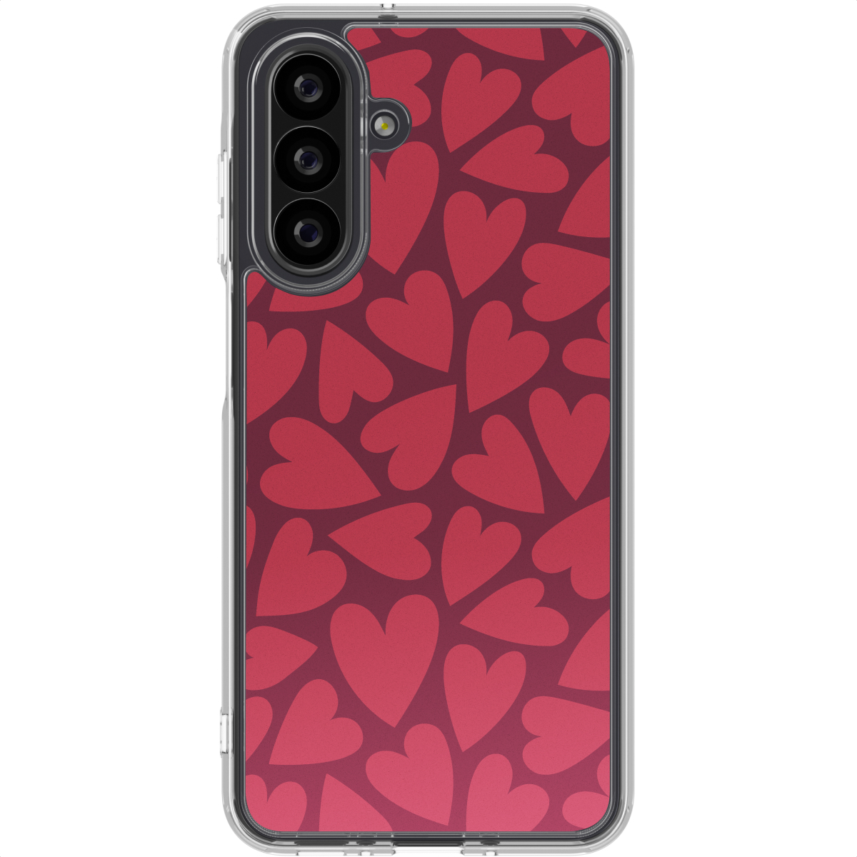 Telefoonhoesje met rood hartpatroon op een donkerrode achtergrond. De telefoon heeft meerdere camera's en een doorzichtige rand.