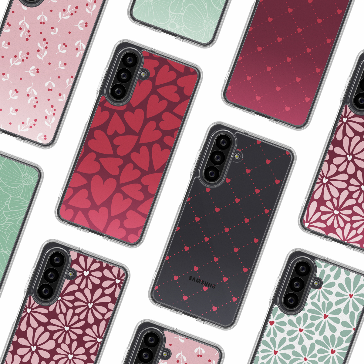 Verschillende telefoonhoesjes met verschillende ontwerpen: harten, bloemen en geometrische patronen. De hoesjes zijn in roze, rood en groen op een witte achtergrond.