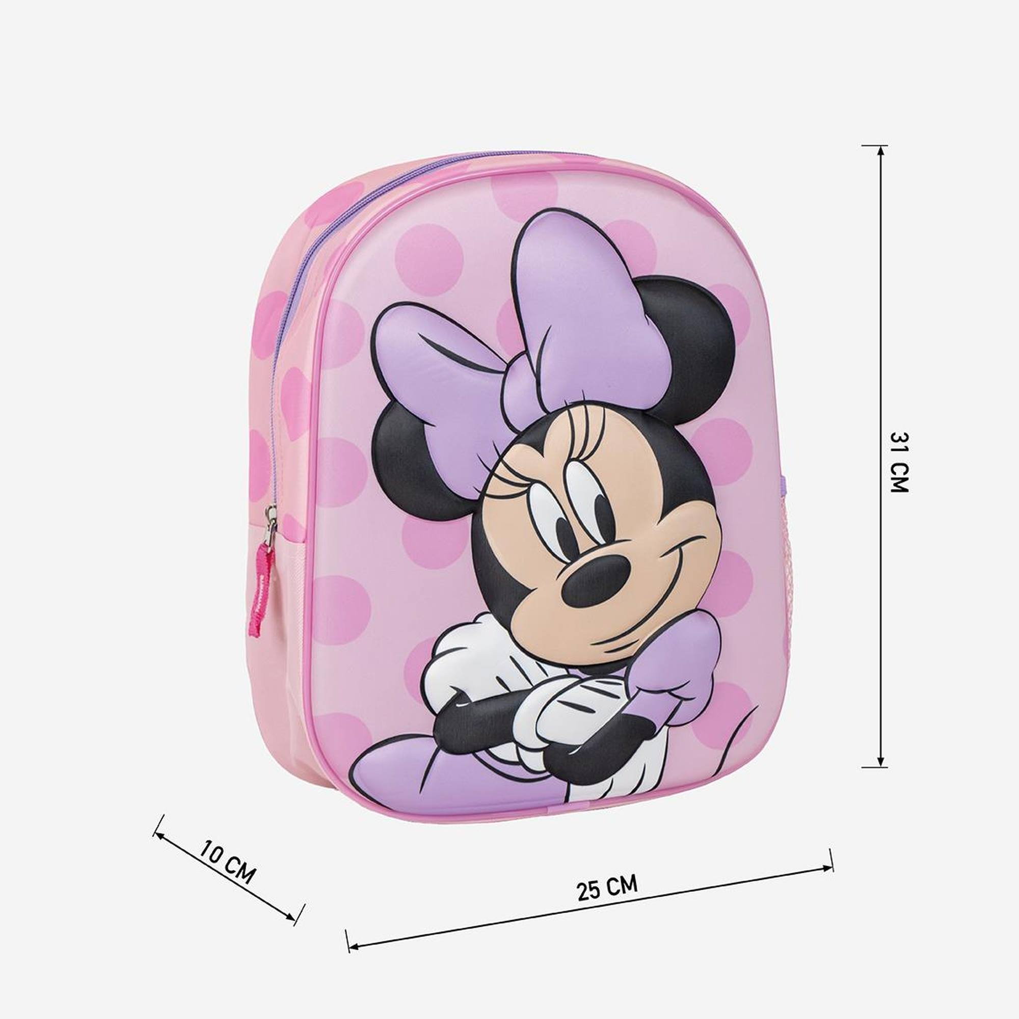 Rosa Minnie-Maus-Rucksack mit Tupfen. Er hat eine lila Schleife und ist 31 cm hoch.