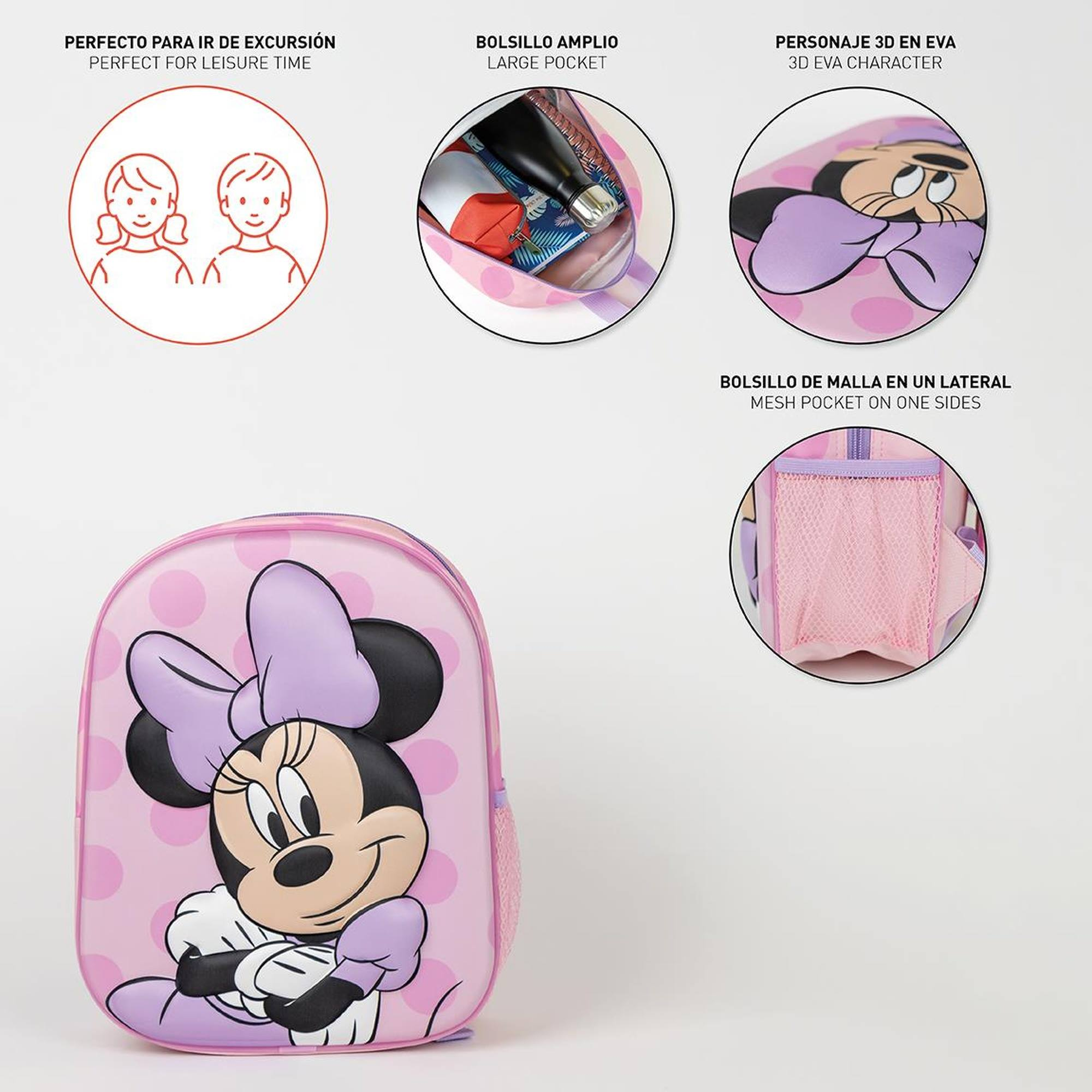 Ein rosa Minnie-Maus-Rucksack mit Tupfen. Enthält Taschen und ein 3D-Minnie-Gesicht. Text auf Spanisch und Englisch.