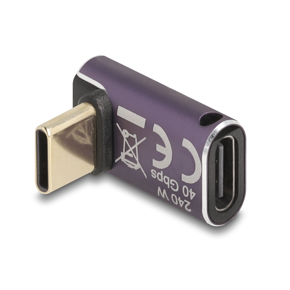 Un adattatore USB-C angolato viola con una porta USB-C dorata a sinistra e una porta USB-C a destra, angolata di 90 gradi.