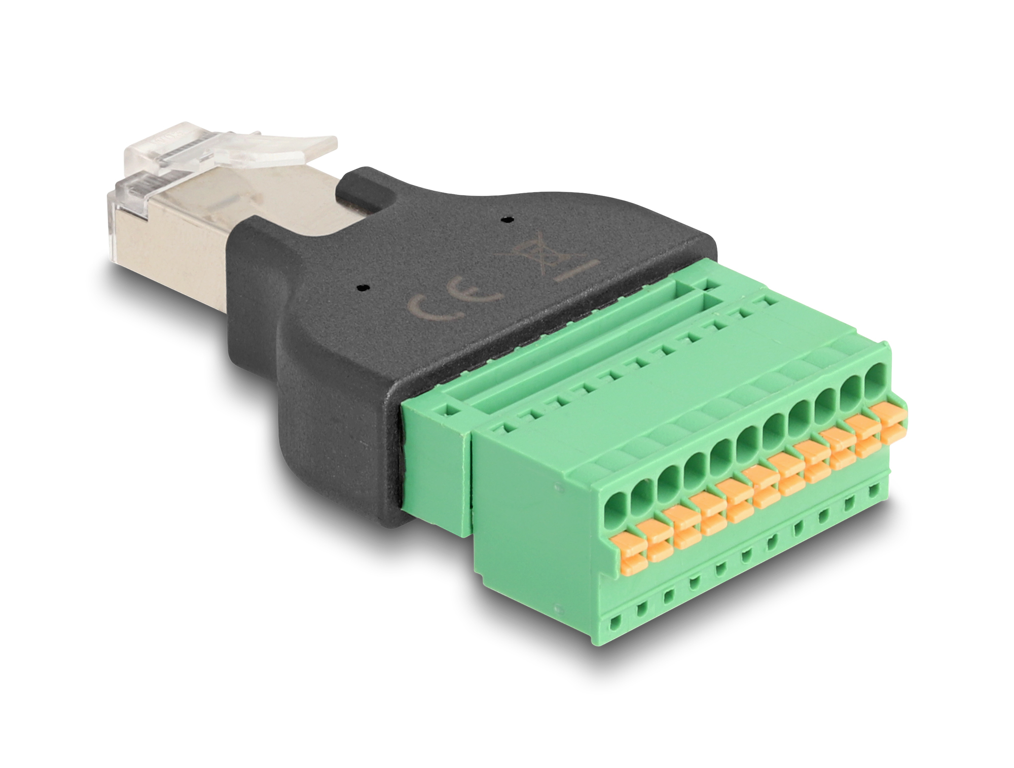Złącze Ethernet z czarnym adapterem oraz zielonym i pomarańczowym blokiem zacisków na białym tle.
