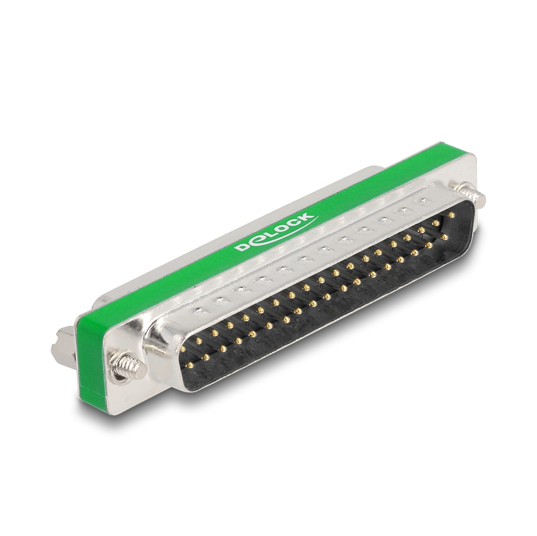 Un connettore D-sub con una striscia verde e la parola 'DELOCK'. Ha molti pin dorati e un involucro metallico, su sfondo bianco.