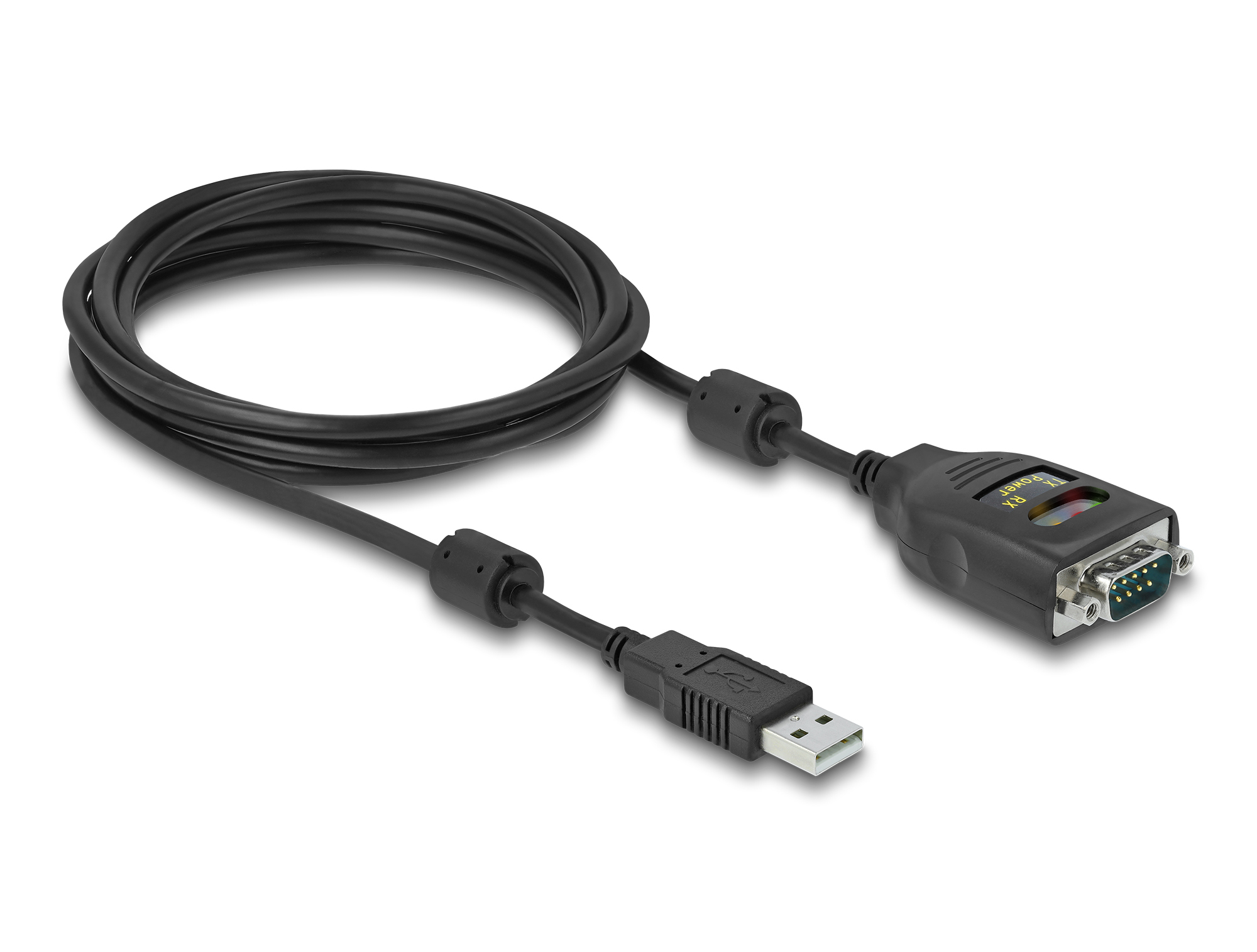 Un cavo da USB a seriale nero. Il cavo è arrotolato. Un'estremità è USB, l'altra ha un connettore seriale.