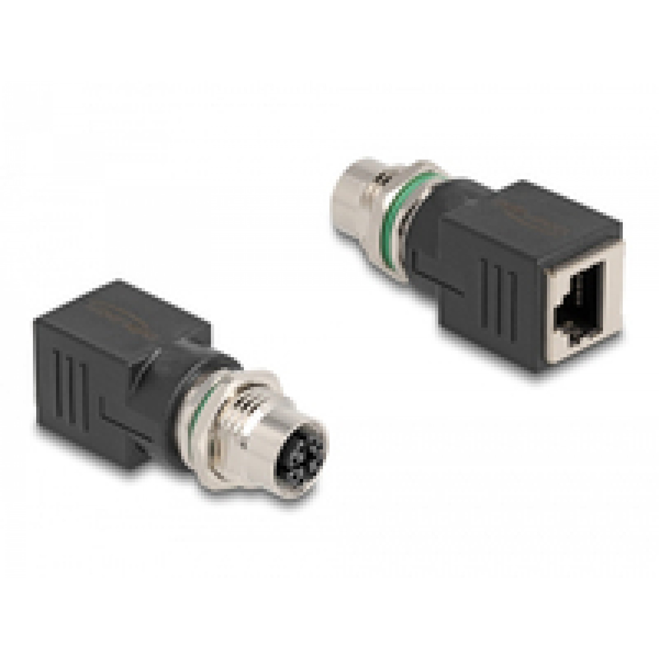 Dwa czarno-srebrne złącza na białym tle. Jedno ma port Ethernet, drugie piny.
