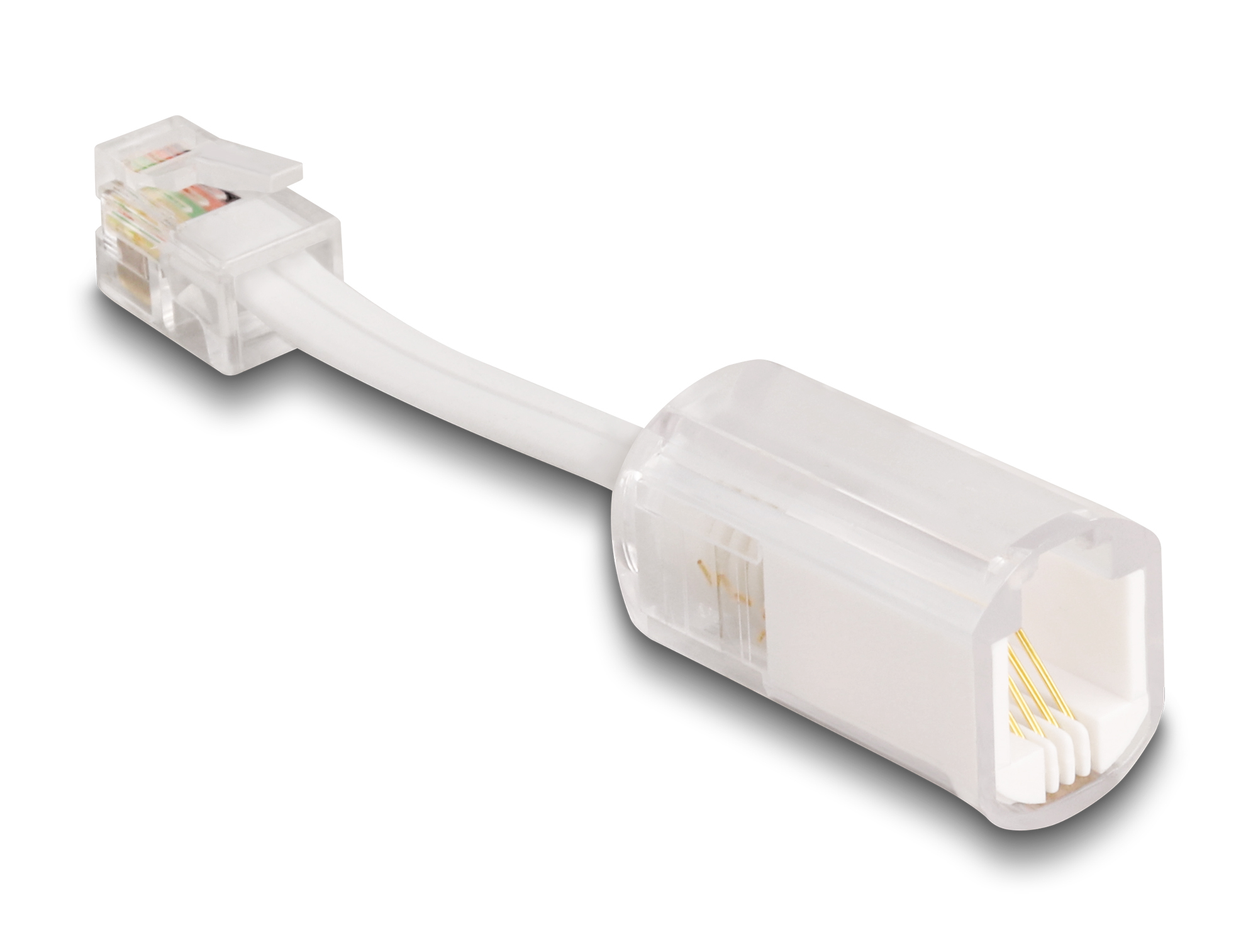 Un cavo RJ11 bianco con connettori trasparenti. Un'estremità è una spina, l'altra una presa.