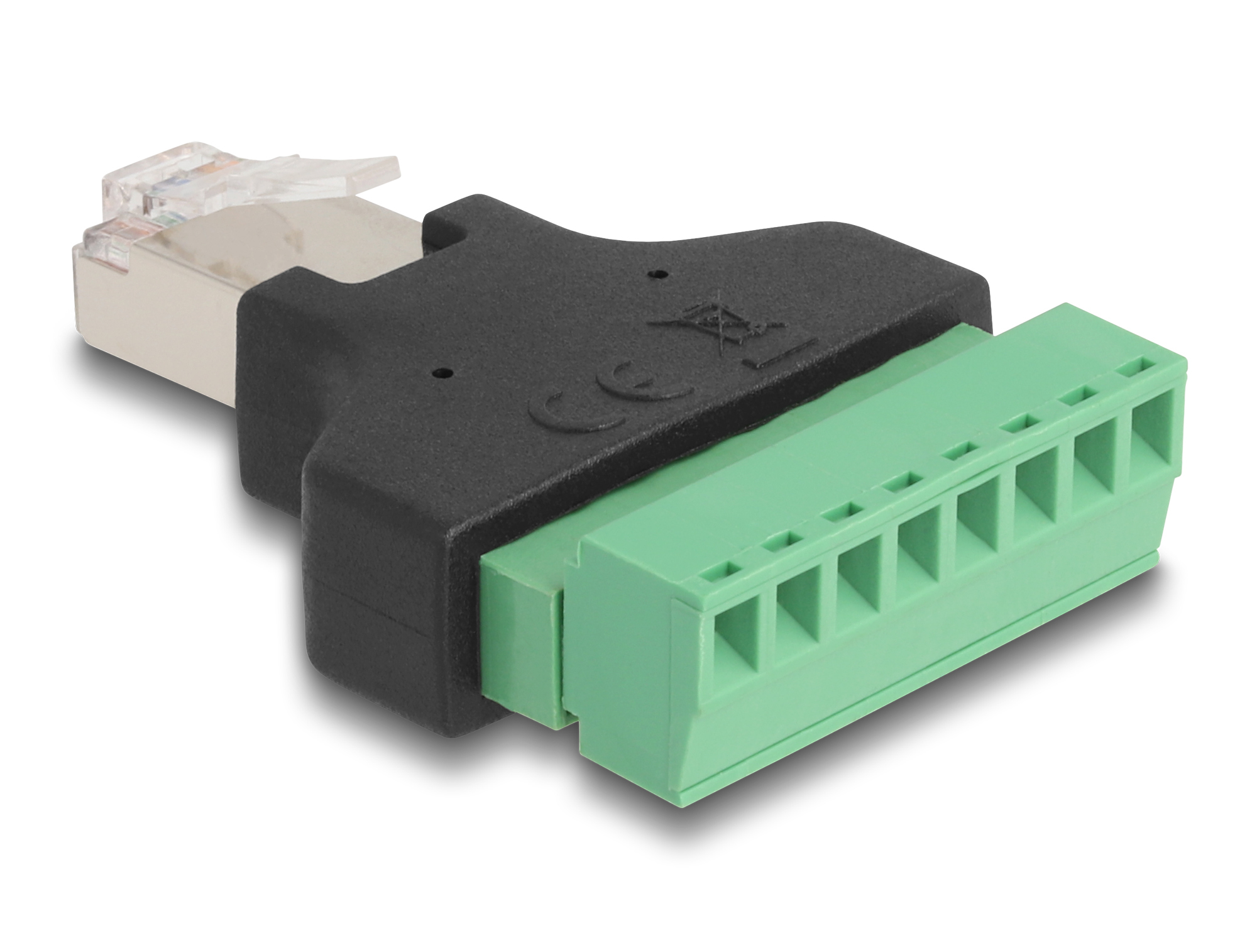 Un adattatore per connettore Ethernet. È composto da una spina RJ45 trasparente, un corpo adattatore nero e un morsettiera verde.