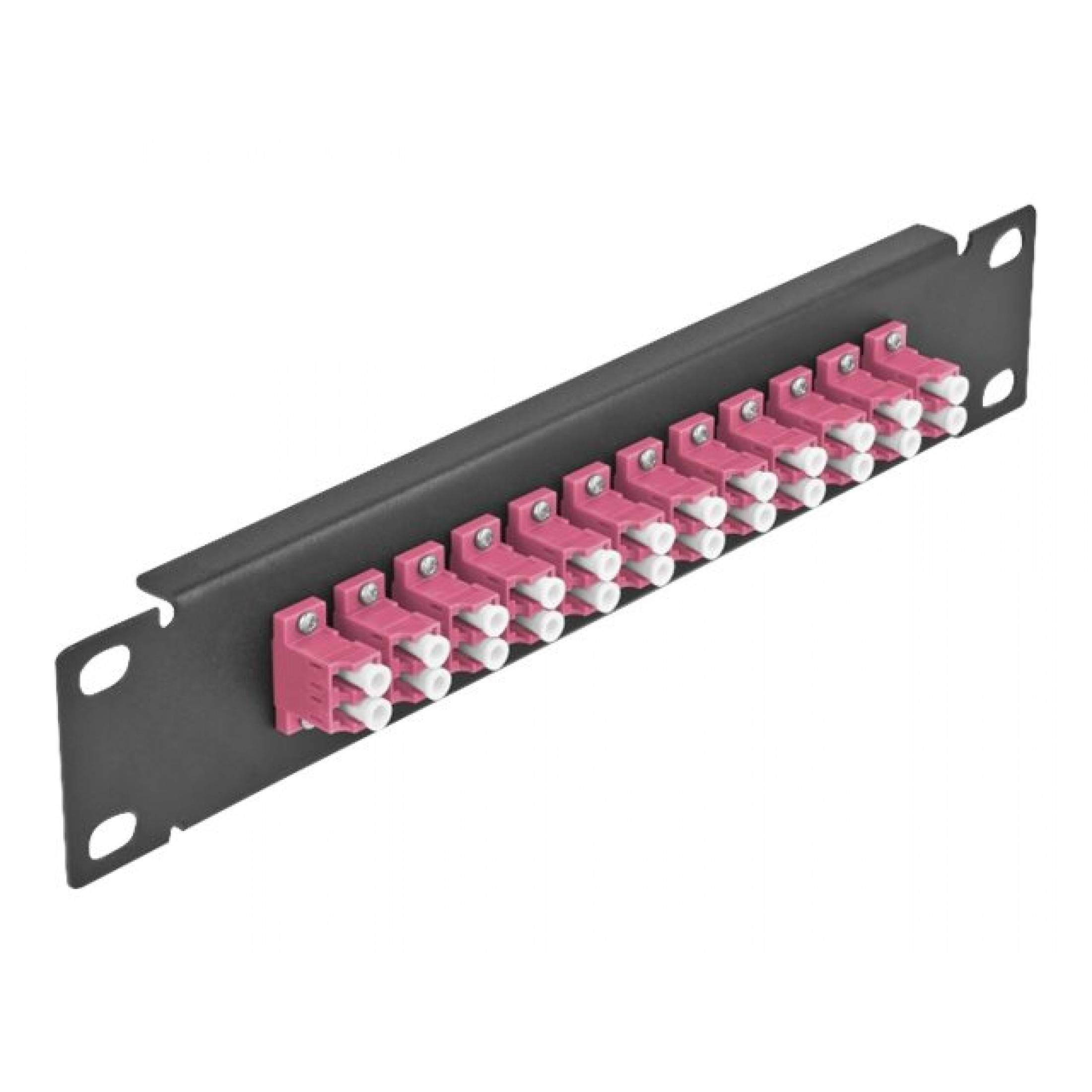 Un pannello di metallo nero con diversi connettori in fibra ottica rosa e bianchi disposti in fila.