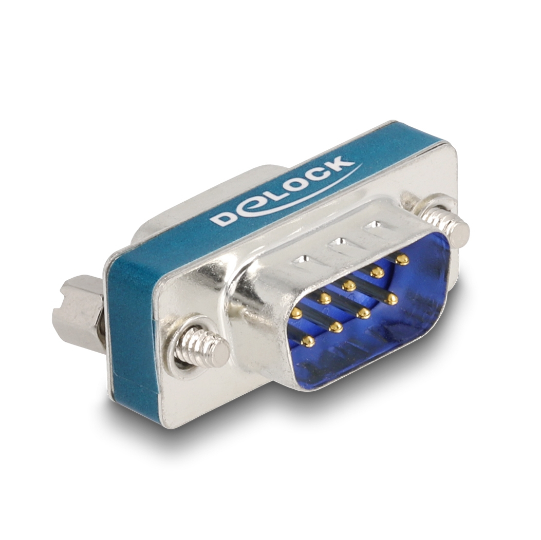 Un connettore D-sub con un alloggiamento blu e argento. Ha pin e viti per una connessione sicura, e il marchio 'Delock' è visibile.
