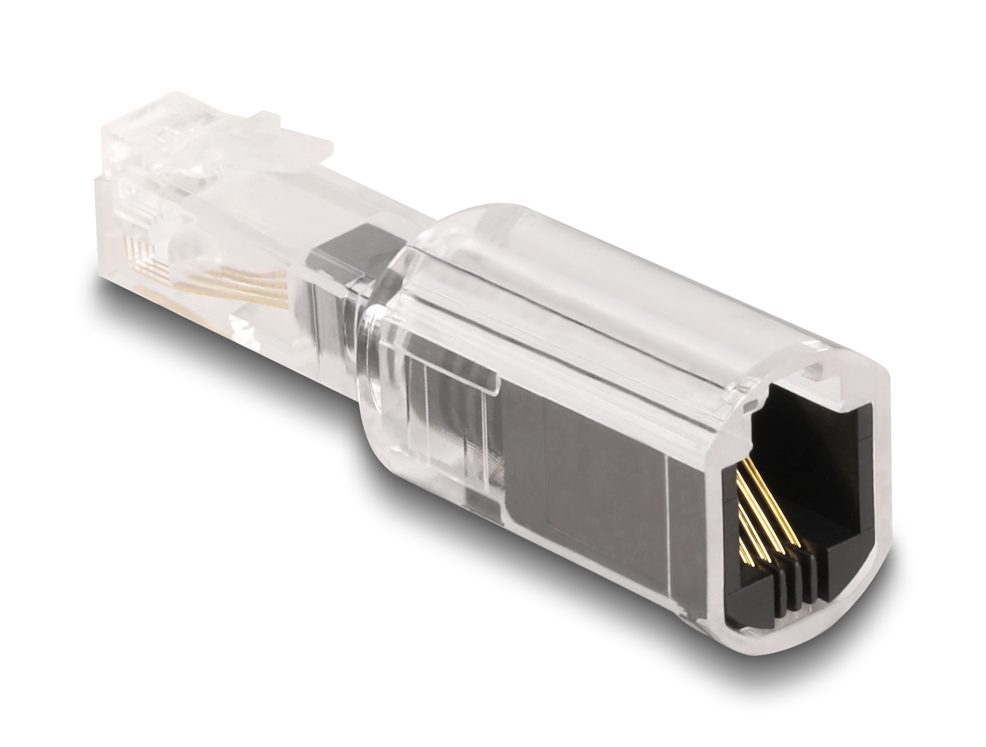 Un connettore RJ45 trasparente con pin dorati, inserti neri e corpo in plastica trasparente, angolato su sfondo bianco.