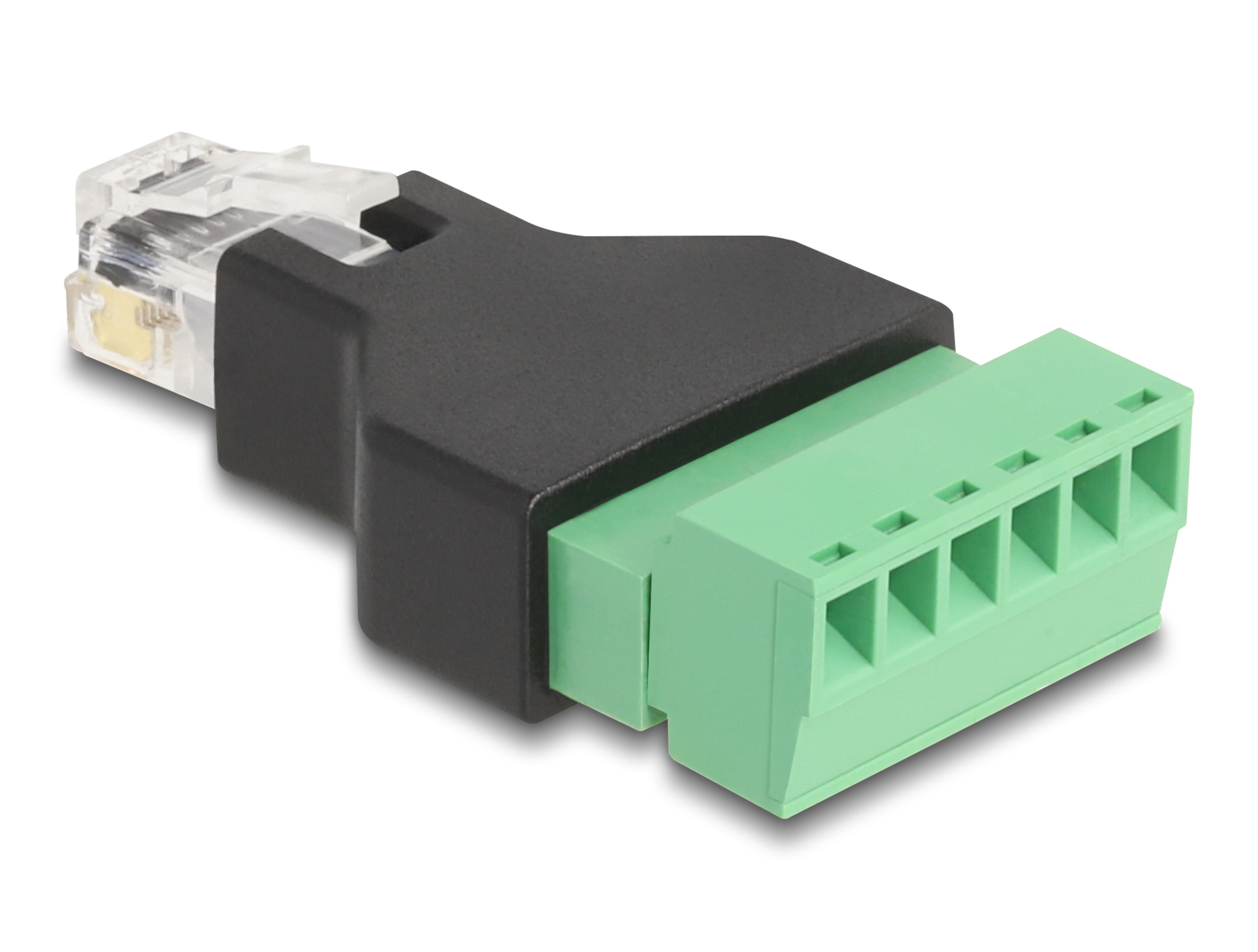 Un connettore RJ45 si collega a un morsetto verde tramite un adattatore nero. Il connettore è trasparente, il morsetto è verde.
