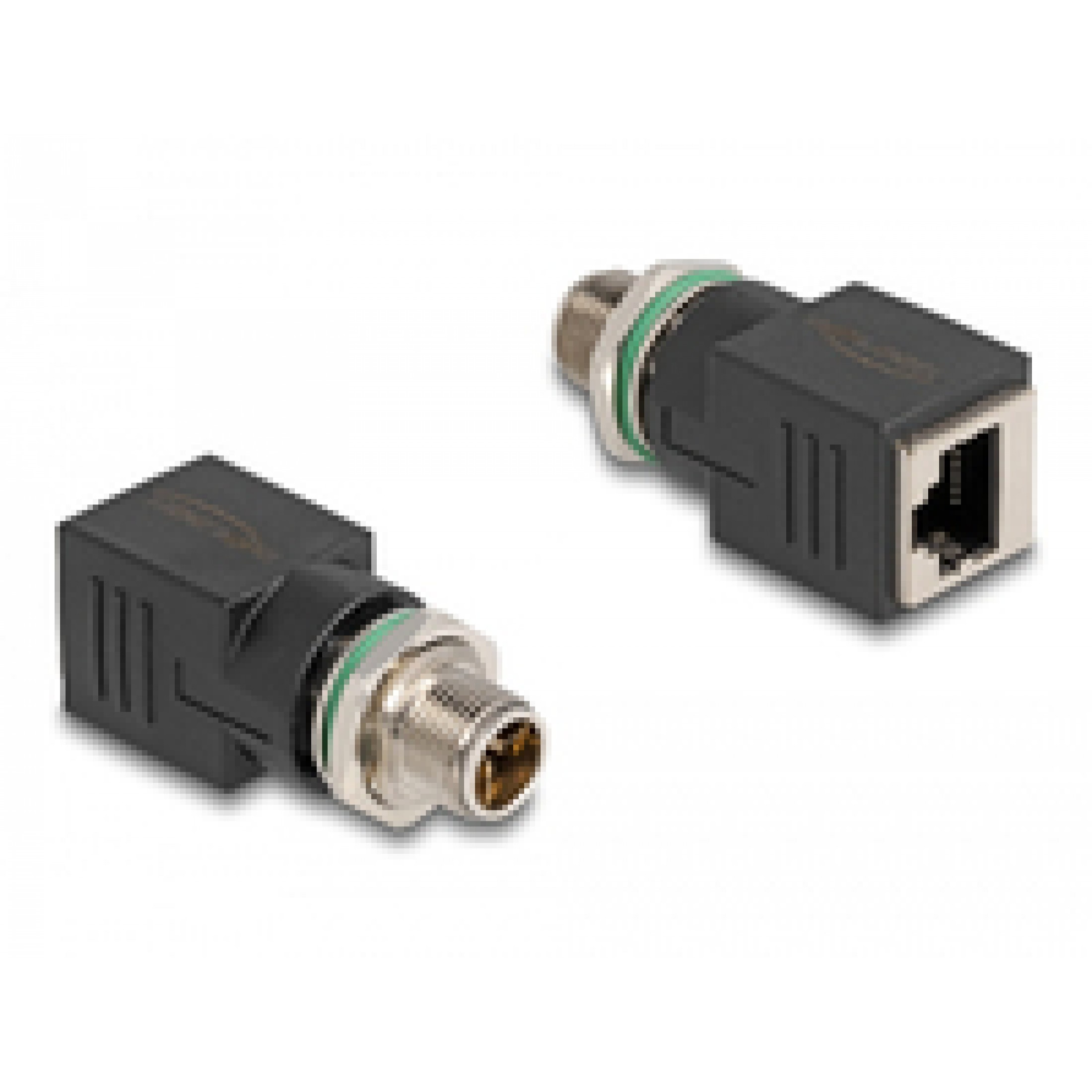 Due connettori di rete neri e argentati. Uno ha una porta RJ45, l'altro una filettatura. Entrambi su sfondo bianco.