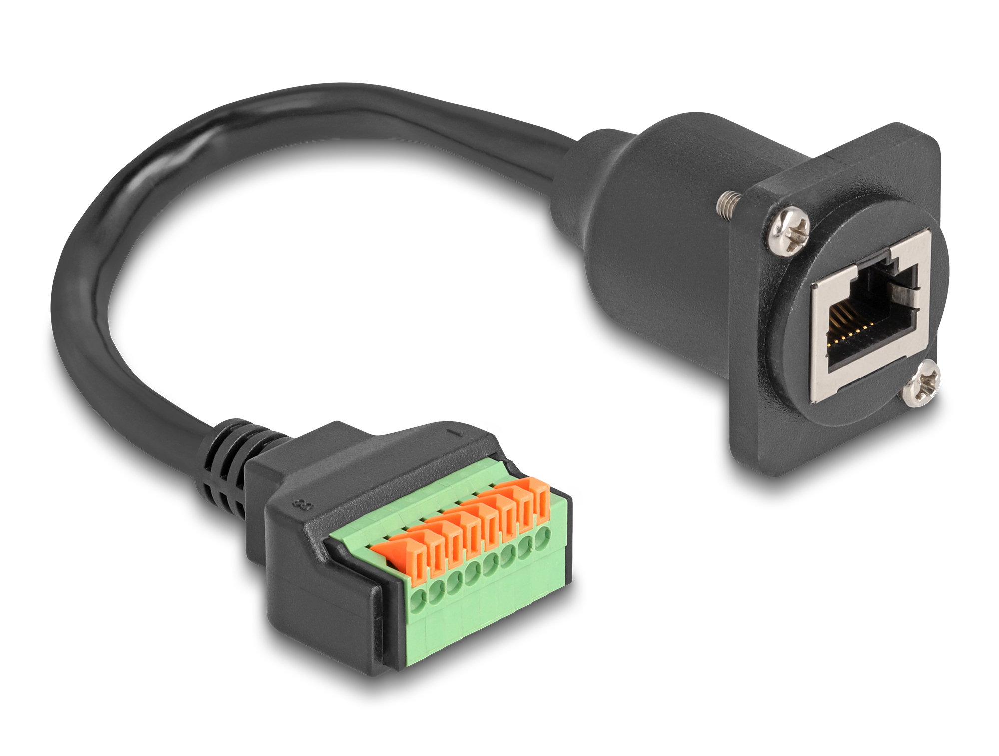 Cavo Ethernet nero con due connettori. Uno ha terminali arancioni e verdi, l'altro una porta Ethernet.