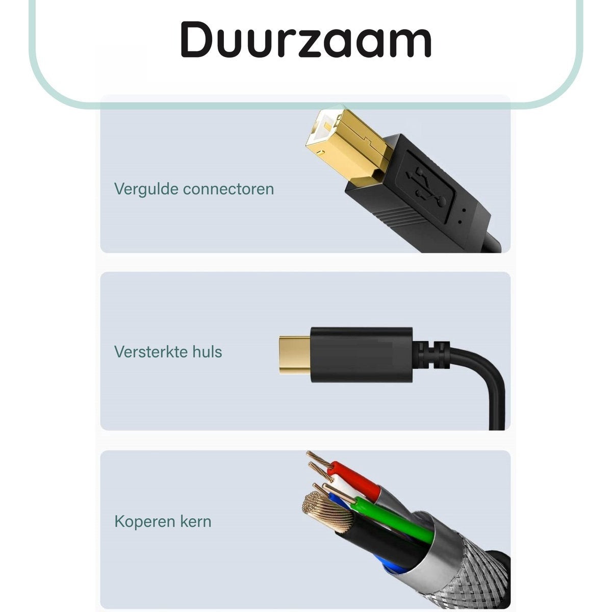 Afbeelding toont USB-kabelcomponenten: gouden connectoren, een versterkte behuizing en koperen kern draden. Het woord 'Duurzaam' staat bovenaan.