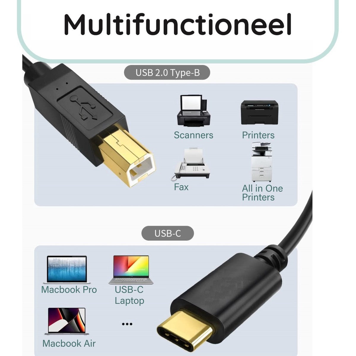 Afbeelding toont USB-kabels met connectoren. Het heeft USB 2.0 Type-B en USB-C connectoren. Toont ook scanners, printers, fax en laptops.