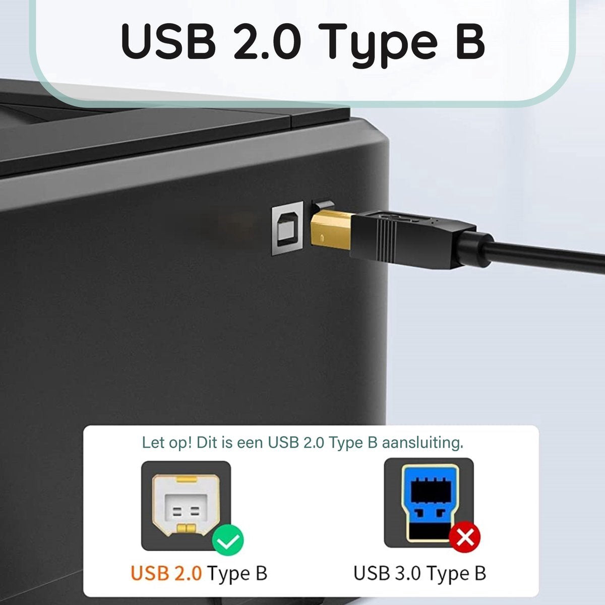 Een zwarte printer met een USB 2.0 Type B-kabel aangesloten. Hieronder een vergelijking van USB 2.0 en 3.0 connectoren.