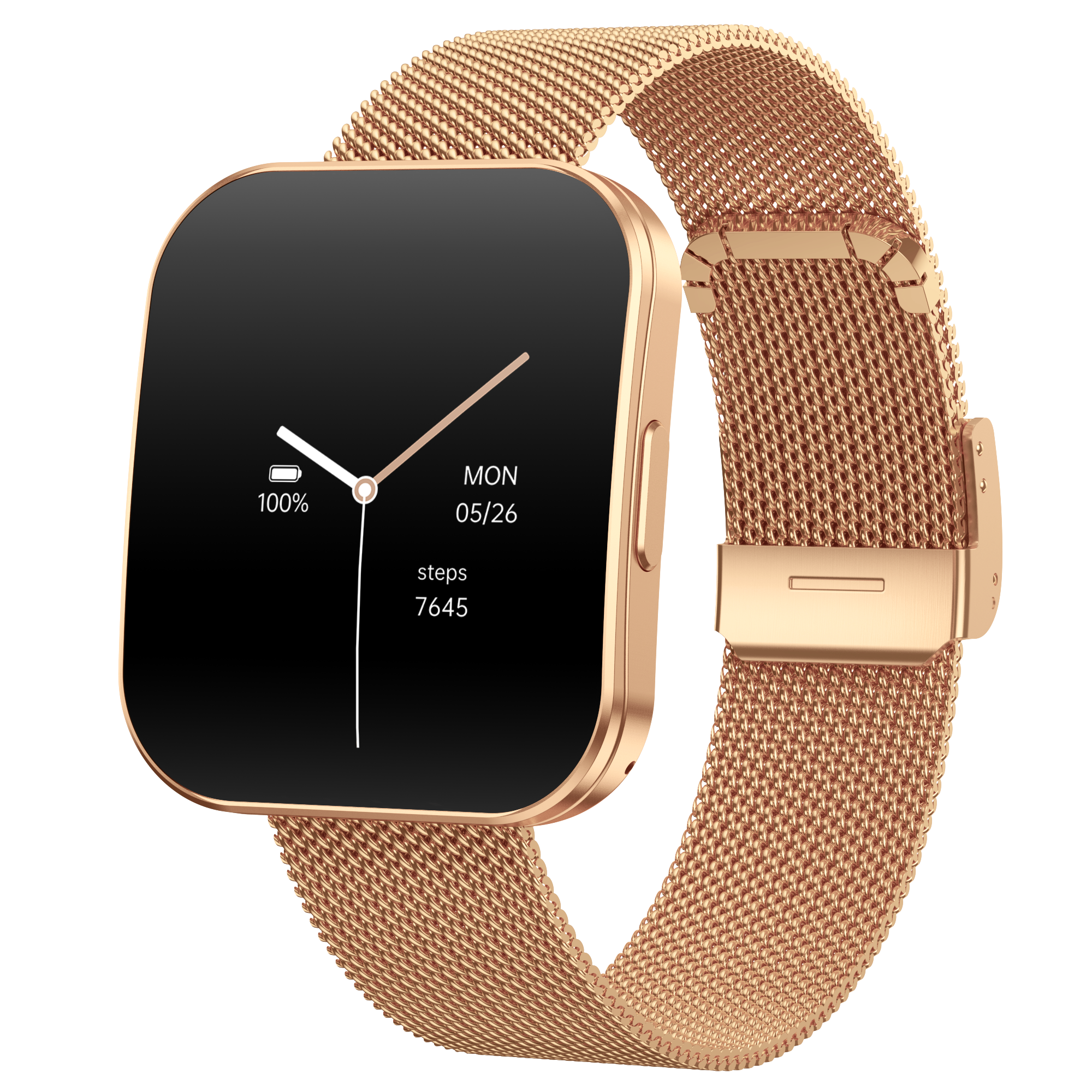Roségoldene Smartwatch mit schwarzem Bildschirm, der Datum, Uhrzeit und Schritte anzeigt. Sie hat ein Mesh-Armband und befindet sich auf hellem Pfirsichhintergrund.