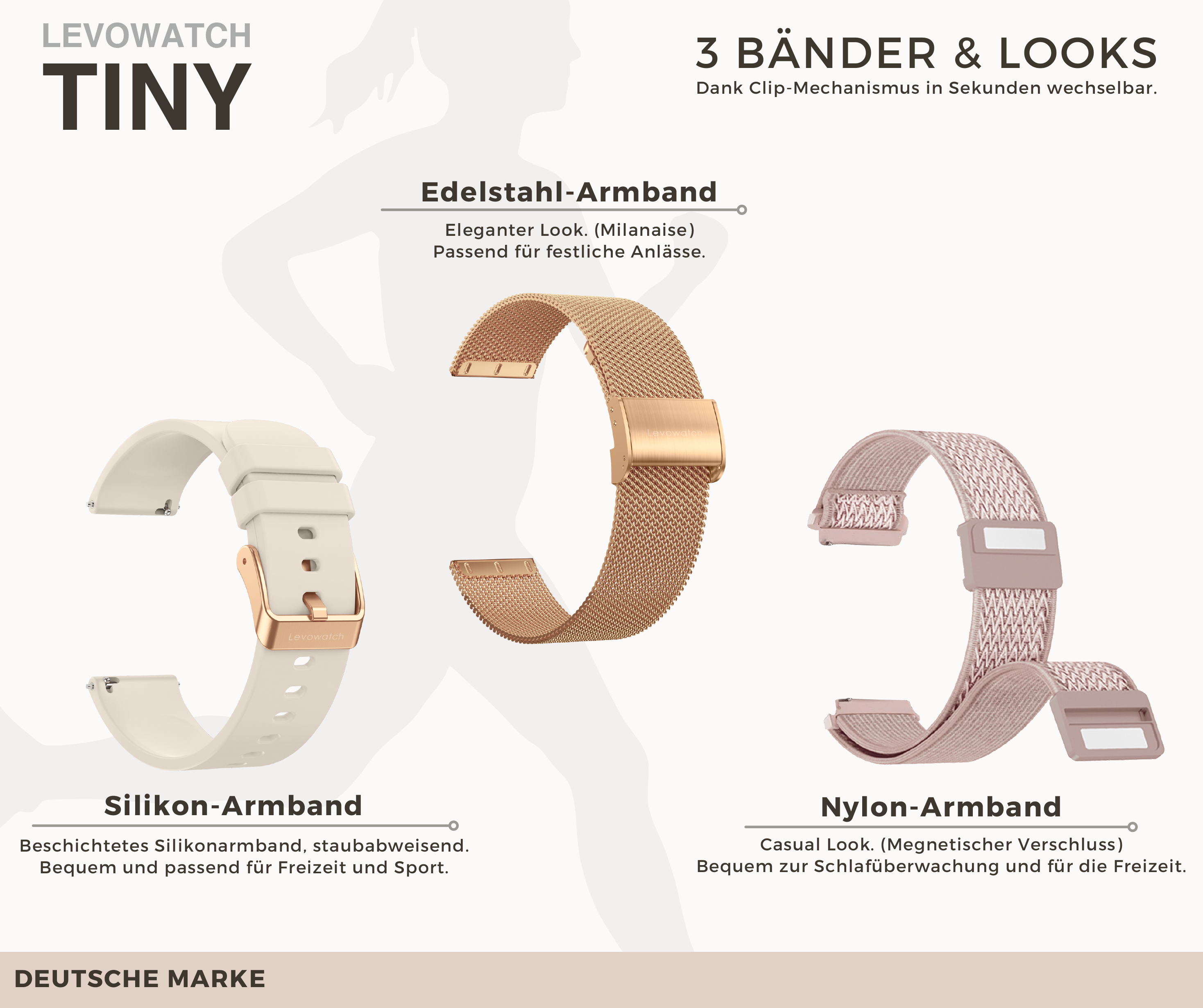 Das Bild zeigt drei Uhrenarmbänder: Silikon, Edelstahl und Nylon, jeweils mit einer Beschreibung.