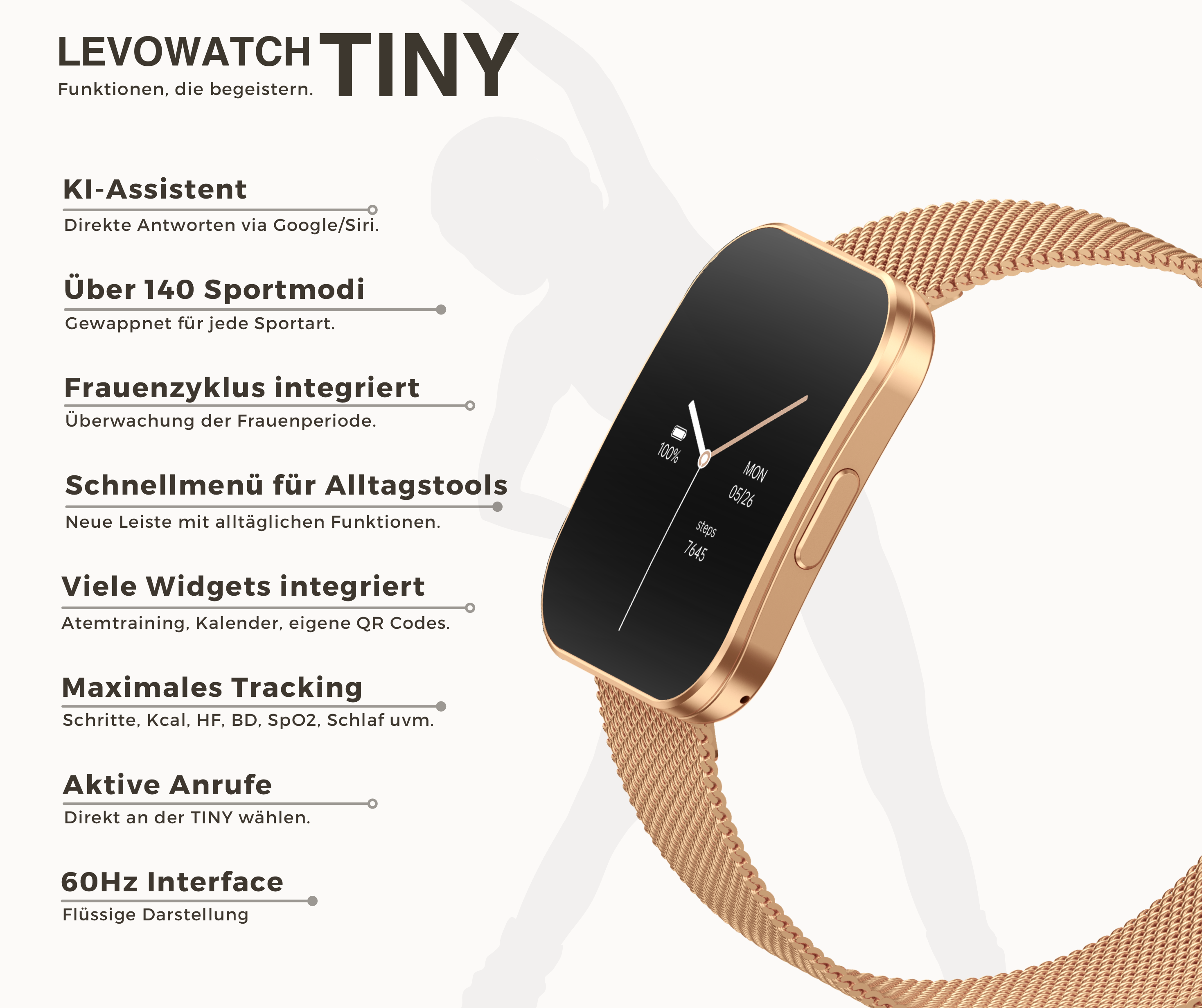 Eine goldene Smartwatch mit schwarzem Bildschirm zeigt Zeit und Schritte an. Ein Mesh-Armband ist befestigt.