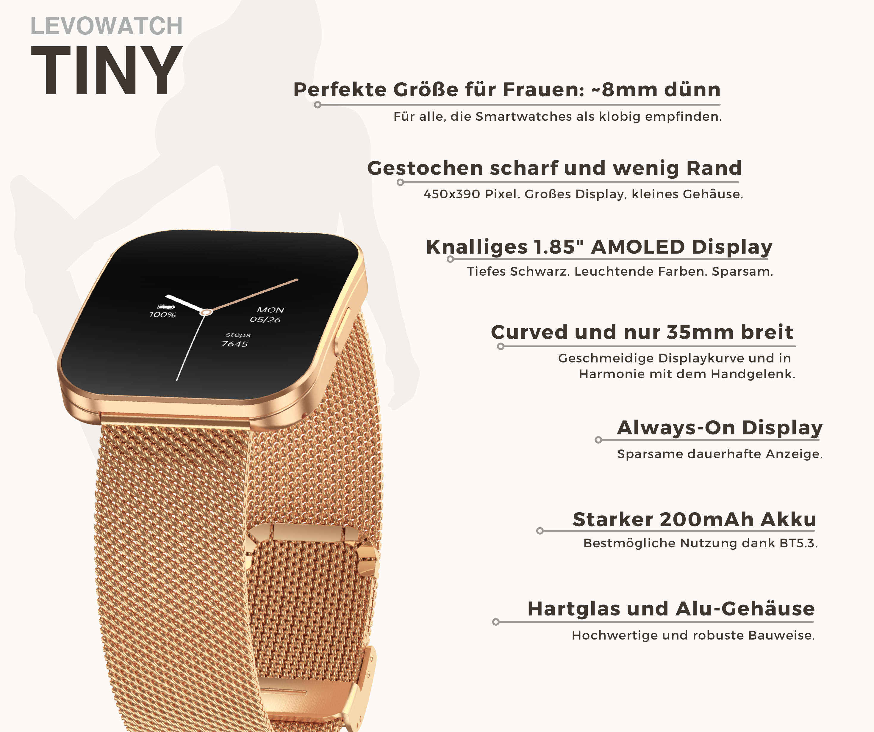 Goldene Smartwatch mit schwarzem Display, das Zeit und Akkustand anzeigt. Text beschreibt Funktionen und Spezifikationen.