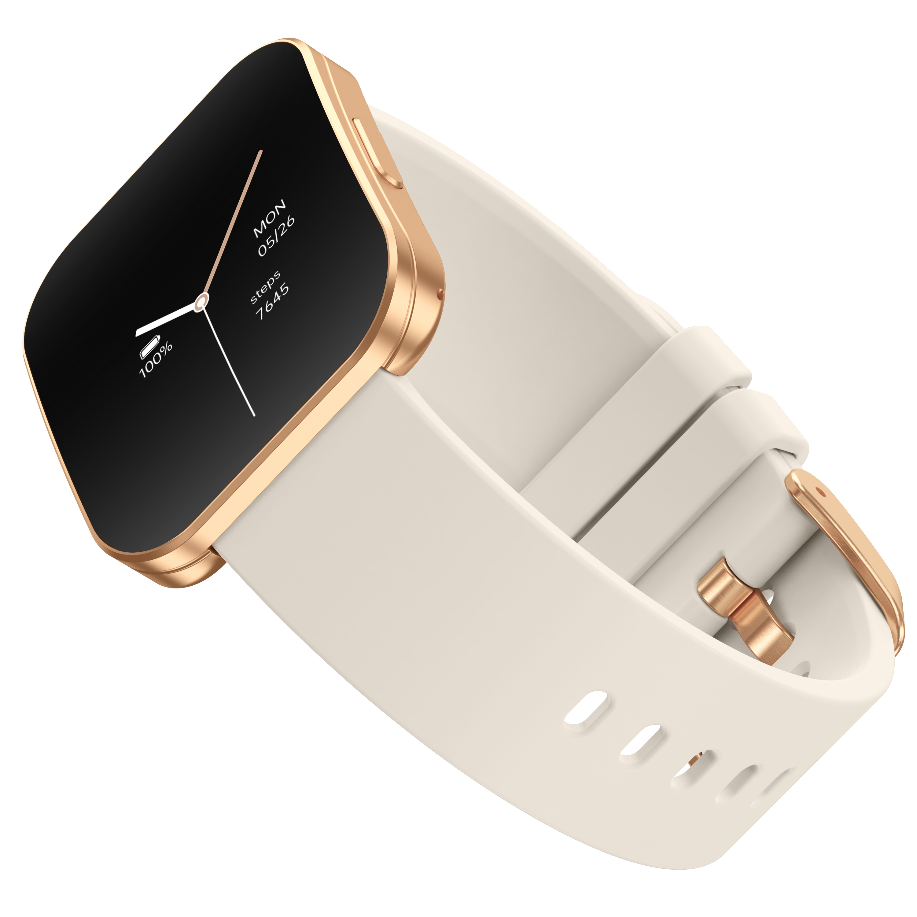 Eine Smartwatch mit goldfarbenem Rahmen und cremefarbenem Armband. Der Bildschirm zeigt Datum, Uhrzeit und Akkustand an.