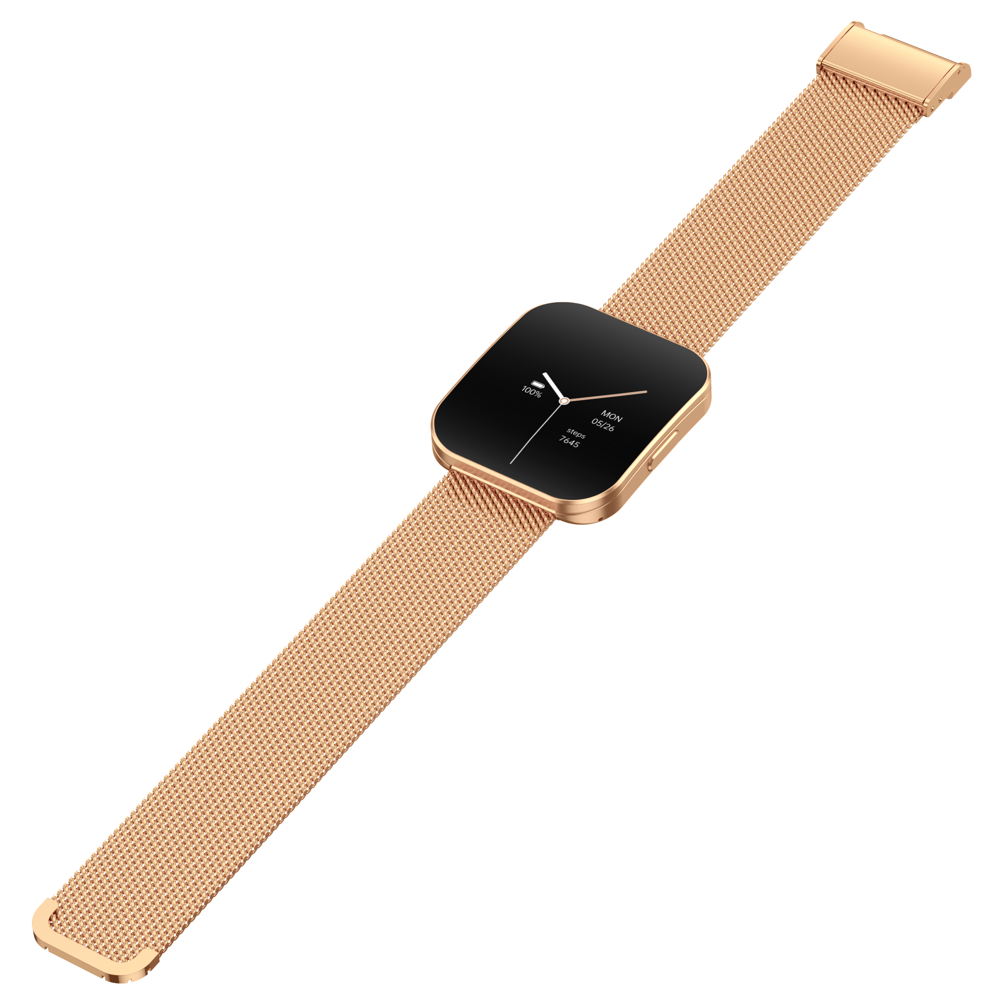 Eine roségoldene Smartwatch mit schwarzem Bildschirm zeigt Uhrzeit und Datum an. Das Armband ist netzartig, der Hintergrund ist hellorange.