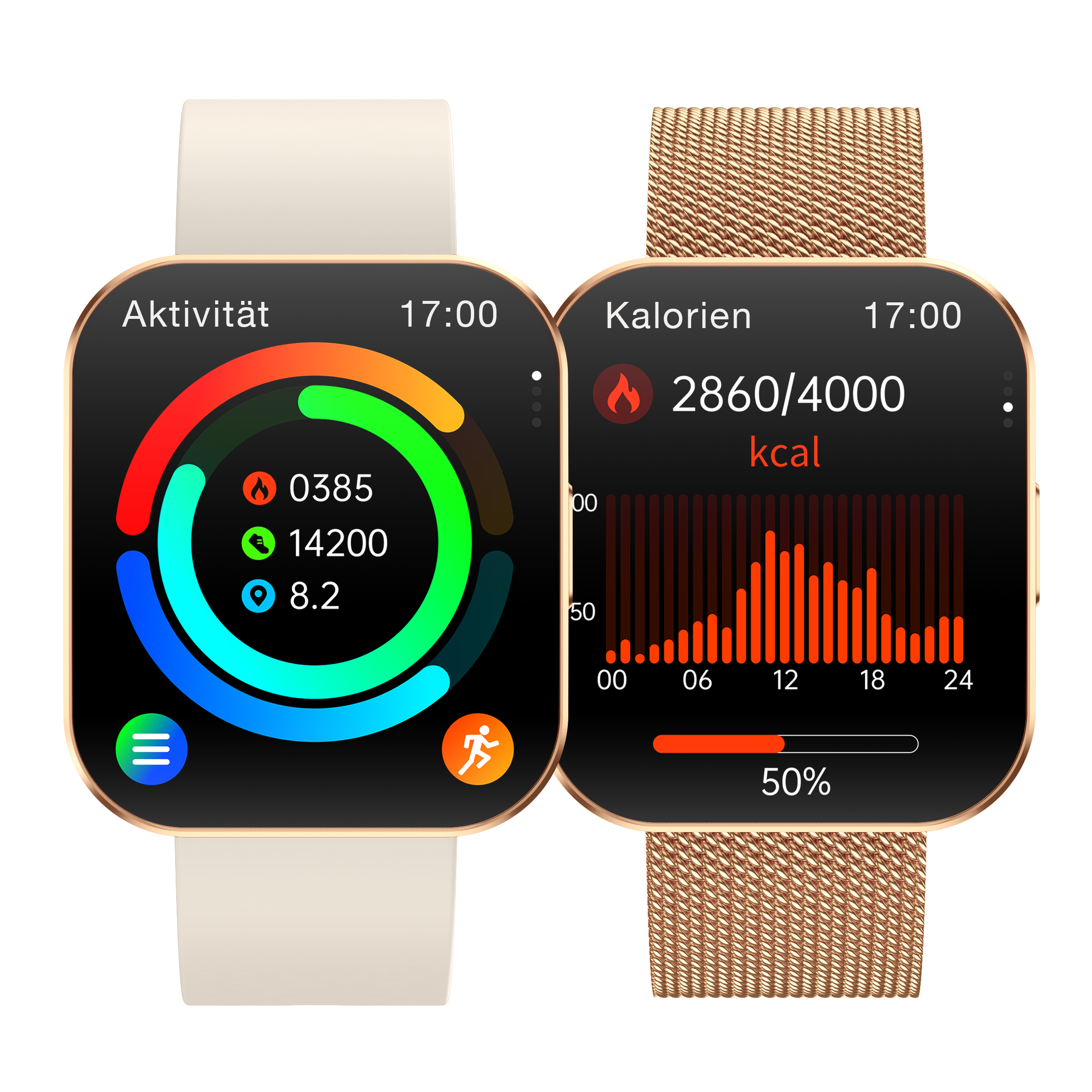 Smartwatch zeigt Aktivitäts- und Kalorieninformationen. Zeigt Schritte, Kalorien und einen Fortschrittsbalken.