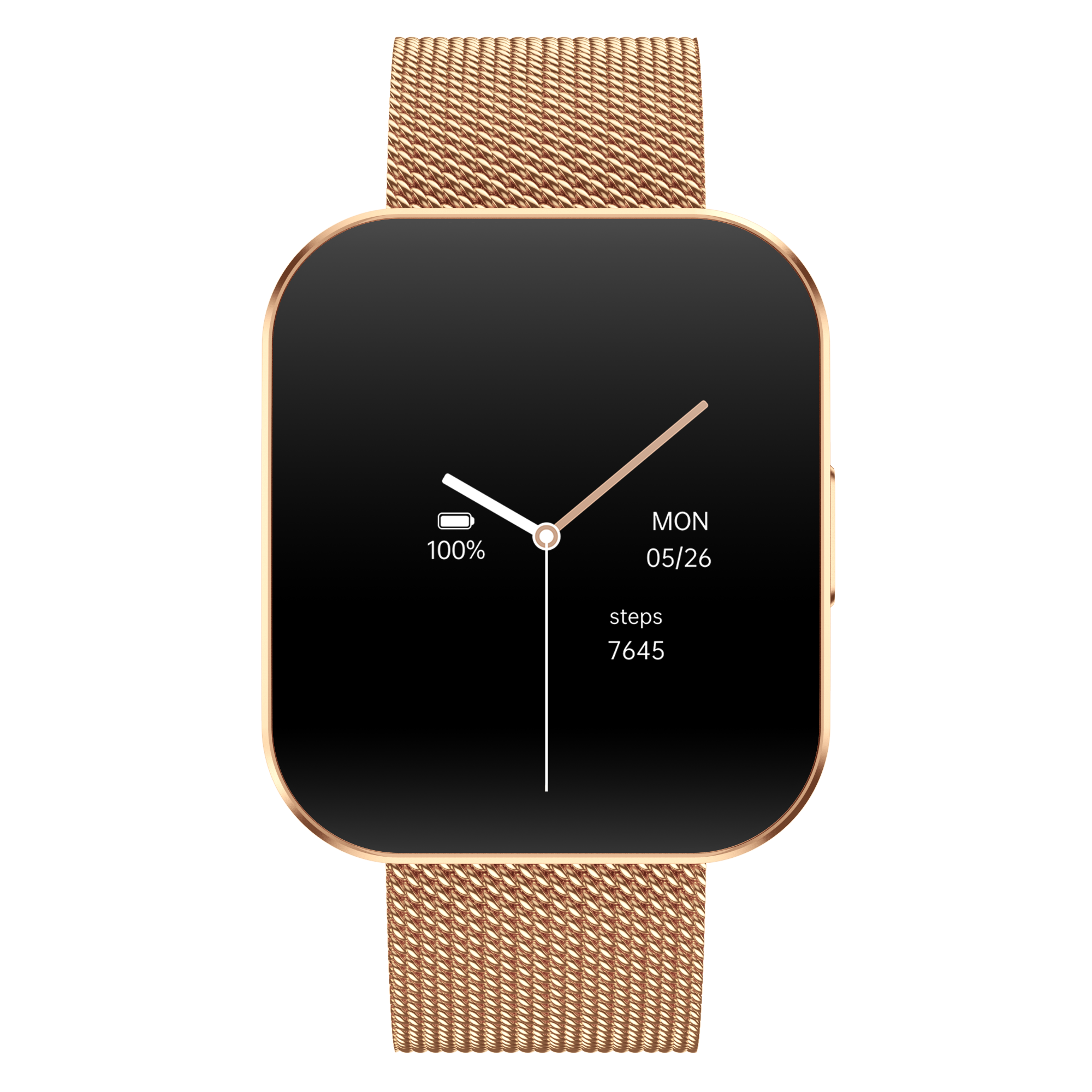 Eine goldene Smartwatch mit schwarzem Bildschirm zeigt Uhrzeit, Datum, Schritte und Akkustand an. Das Armband ist goldenes Mesh.