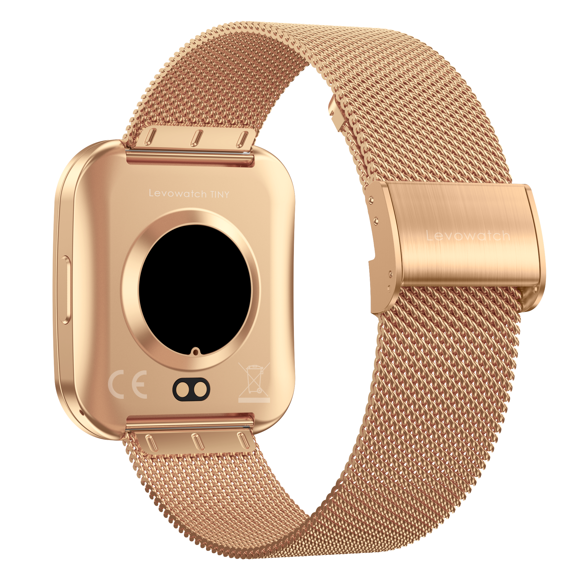 Eine goldene LevoWatch TINY Smartwatch mit Mesh-Armband auf beiger Oberfläche. Rückseite sichtbar, mit schwarzem Bildschirm.