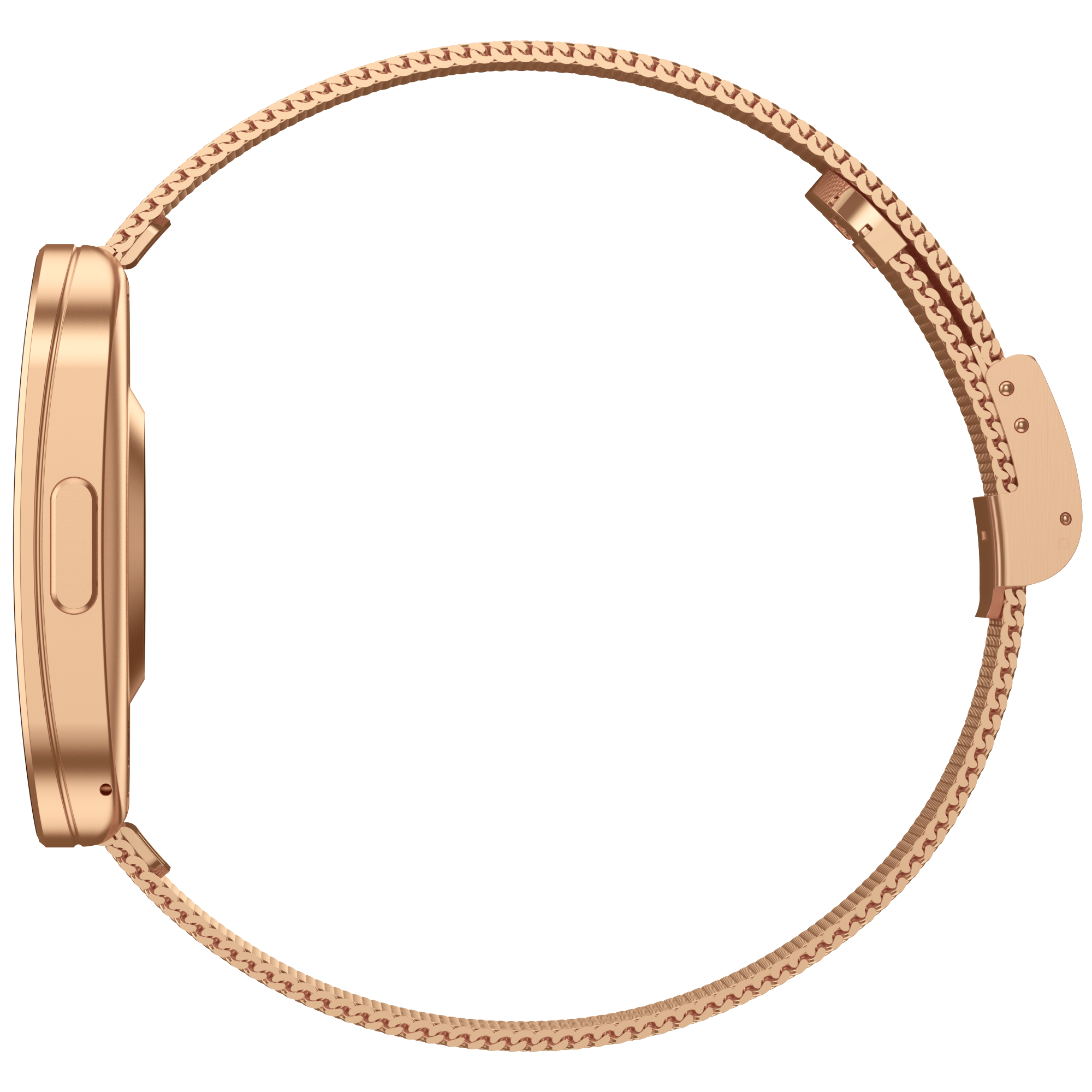 Eine roségoldene Smartwatch, Seitenansicht. Das Zifferblatt ist rechteckig. Das Armband ist aus Mesh und umschließt.