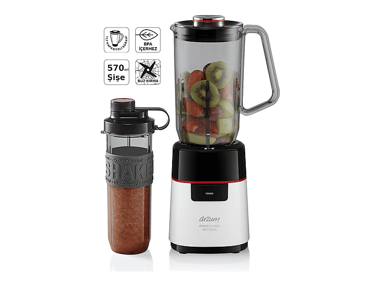 ARZUM Shake'N Take Neo Maxi 1 l Sürahi ve 570 ml Şişe - AR1174 500 W Sürahi Blender Beyaz