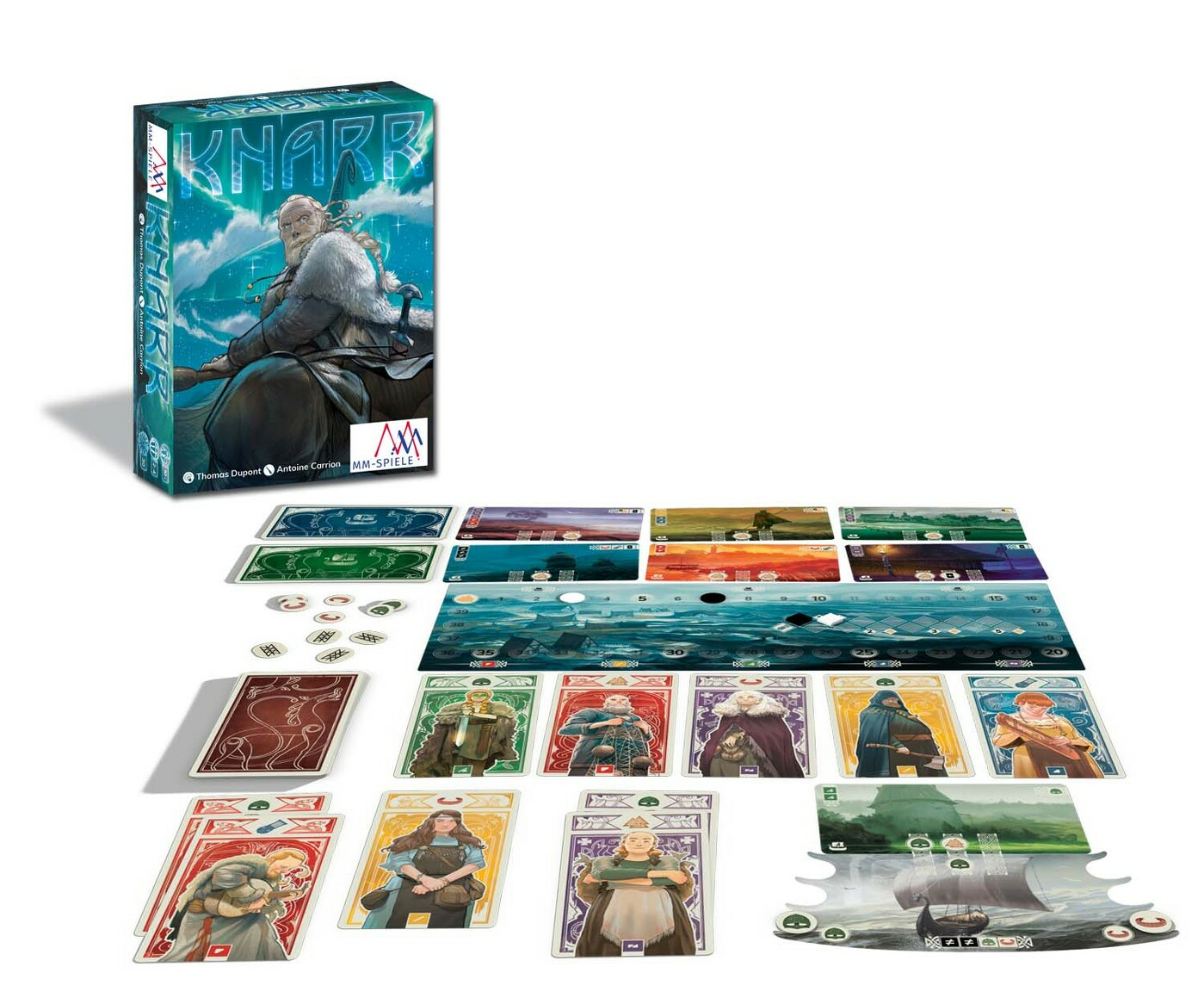 Ein Brettspiel mit einer Box, die einen Wikinger zeigt. Karten, Spielbrett und Spielsteine sind zum Spielen angeordnet.