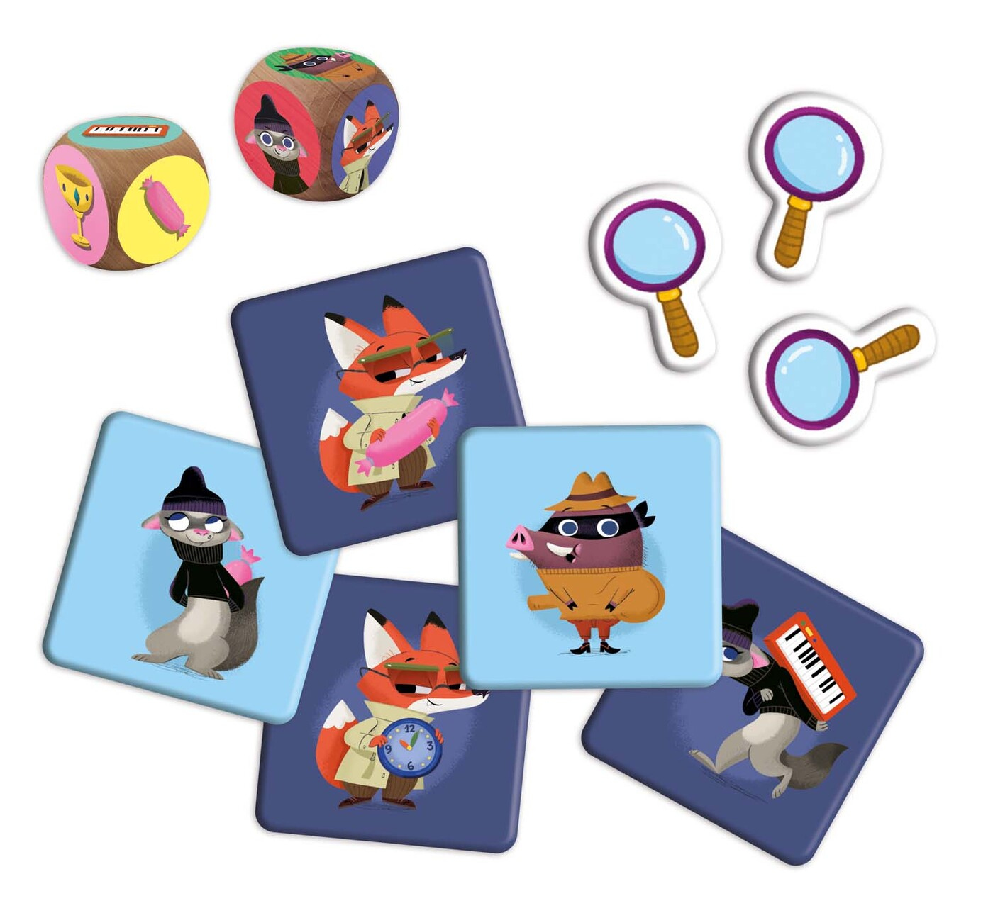 Spielsteine mit tierischen Detektiven, Würfeln, Lupen und Quadraten mit tierischen Figuren auf weißem Hintergrund.