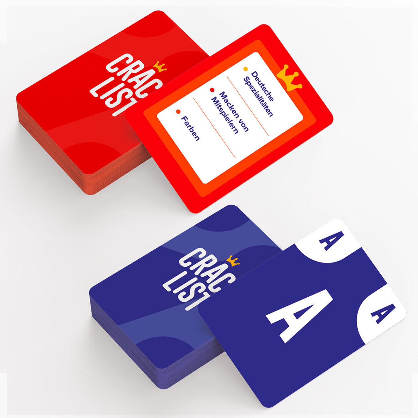 Un jeu de cartes rouges et bleues avec "CRAC LIST" imprimé dessus, certaines cartes affichant du texte sur les spécialités allemandes.
