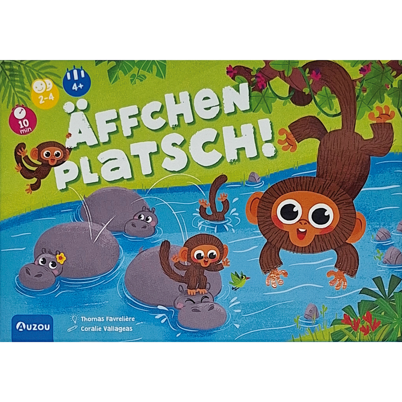 Une boîte de jeu montre des singes barbotant dans l'eau avec des hippopotames. Le titre est en allemand : Äffchen Platsch !