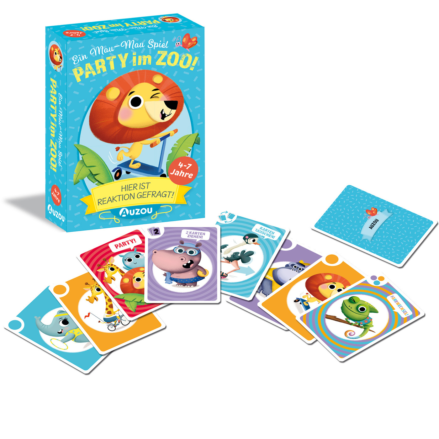 Une boîte de jeu de cartes pour enfants et des cartes. La boîte montre un lion sur un scooter. Les cartes présentent divers animaux de zoo avec des invites d'action.