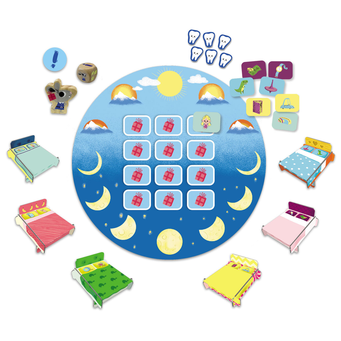 Un jeu de société avec des lits, des cadeaux et un cercle central avec soleil, lune et étoiles. Jetons et dés éparpillés.