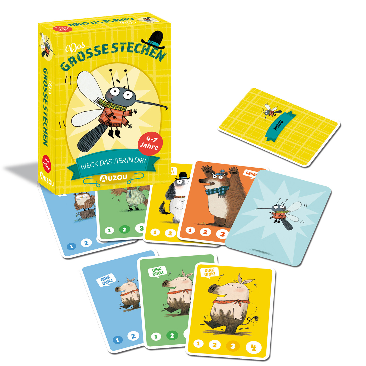 Eine Kartenspielbox und Karten werden angezeigt. Die Box zeigt eine Zeichentrickmücke. Karten zeigen verschiedene Tierillustrationen mit Zahlen.