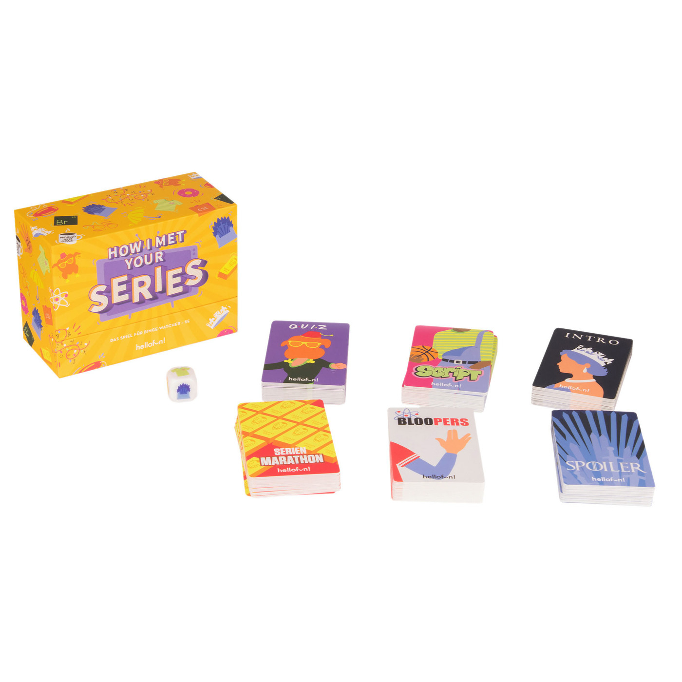 Une boîte de jeu, 'How I Met Your Series', avec des cartes et un dé. Les cartes portent des titres comme 'Quiz', 'Script', 'Intro' et 'Spoiler'.