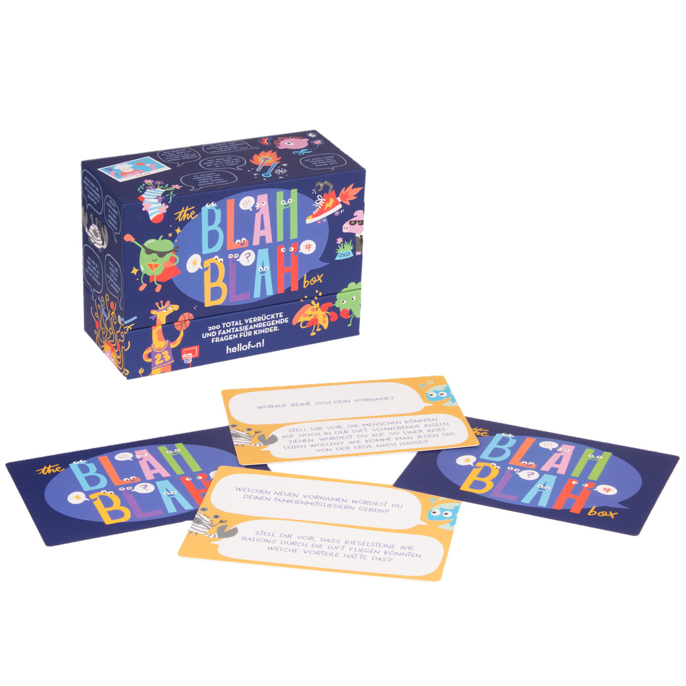 Boîte de jeu pour enfants 'Blah Blah Blah' avec des cartes. Design coloré et cartoon. Texte en allemand. Cartes avec des questions.