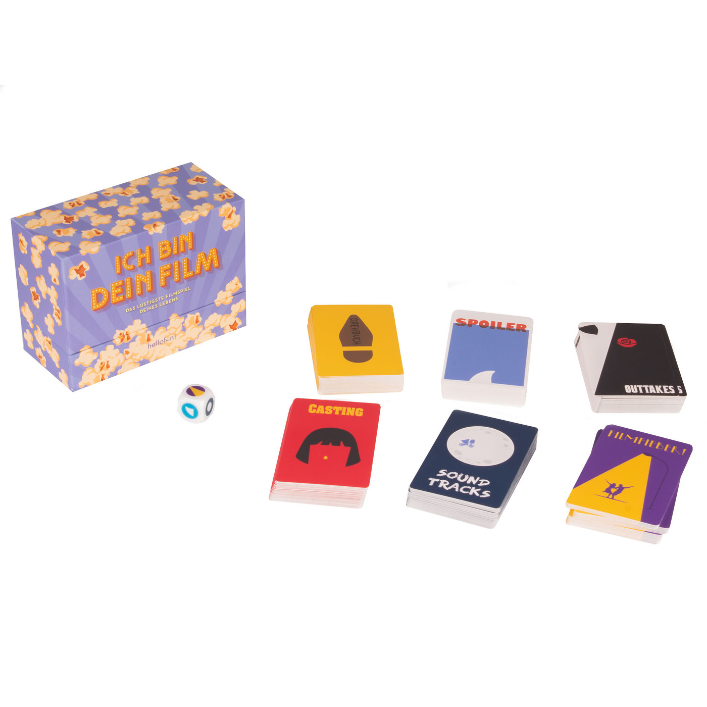 Un jeu de société avec une boîte sur le thème du pop-corn, des dés et des cartes étiquetées 'Casting', 'Spoiler', etc. La boîte dit 'Ich bin dein Film'.