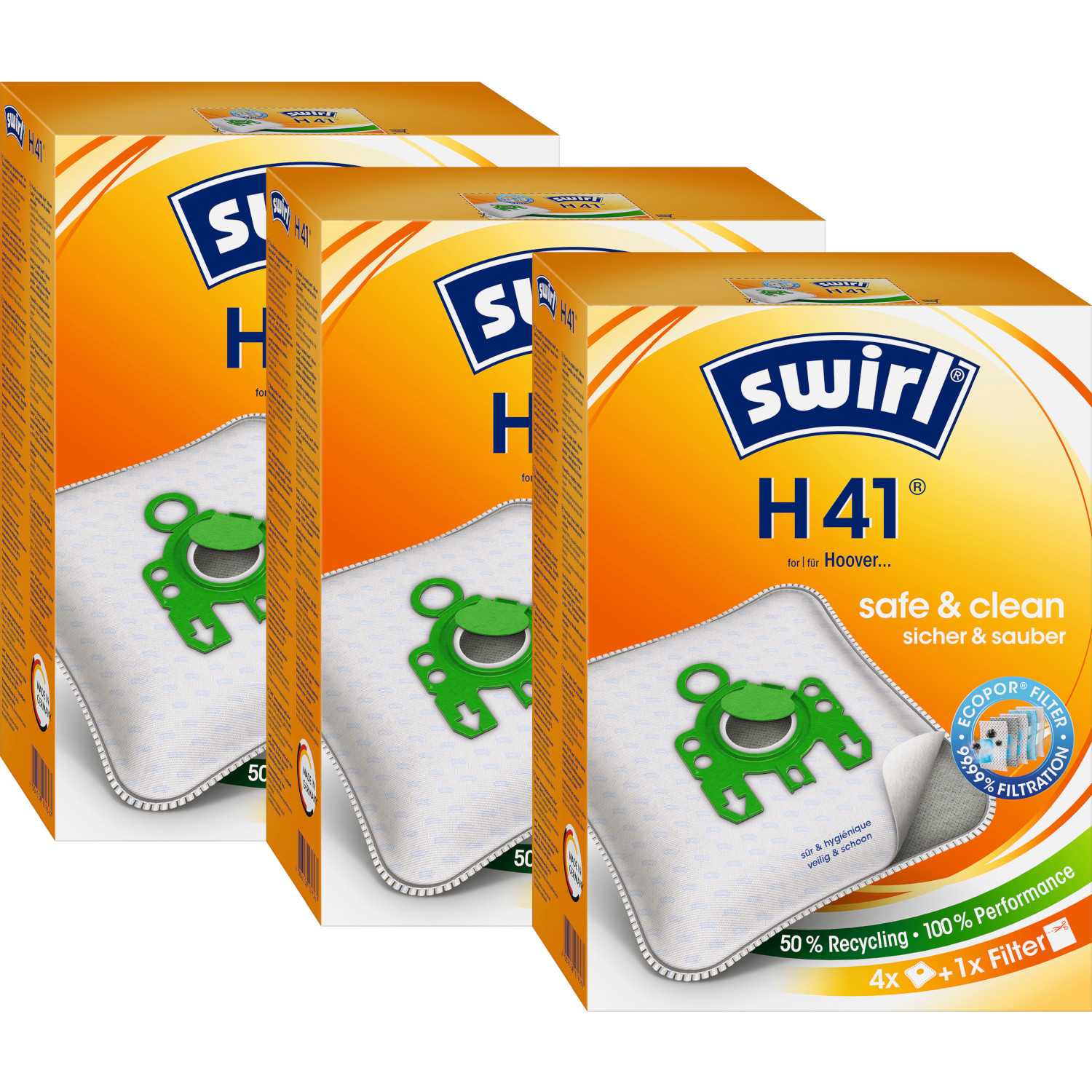 Drei Kartons mit Swirl H41 Staubsaugerbeuteln werden gezeigt. Jeder Karton hat einen weißen Beutel mit einem grünen Kunststoffteil und orange-weißer Verpackung.