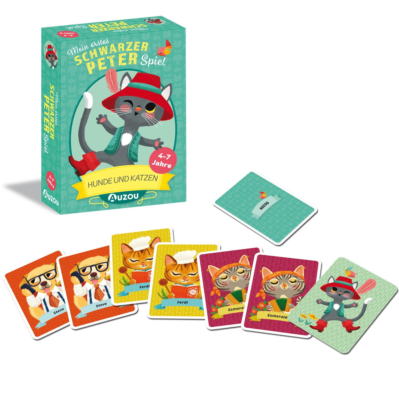 Eine Kartenspielbox mit Katzenillustrationen. Karten mit Katzen und Hunden sind verstreut. Auf der Box steht 'Mein erstes Schwarzer Peter Spiel'.