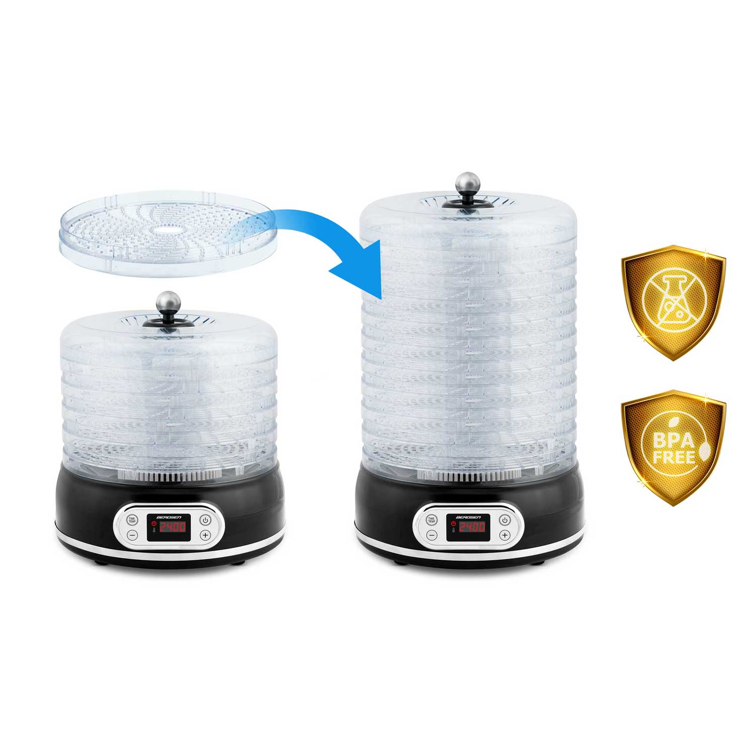 Suszarka do żywności z przezroczystymi tacami, czarną podstawą i wyświetlaczem cyfrowym. Zawiera osłony bezpieczeństwa bez BPA i testowane laboratoryjnie.