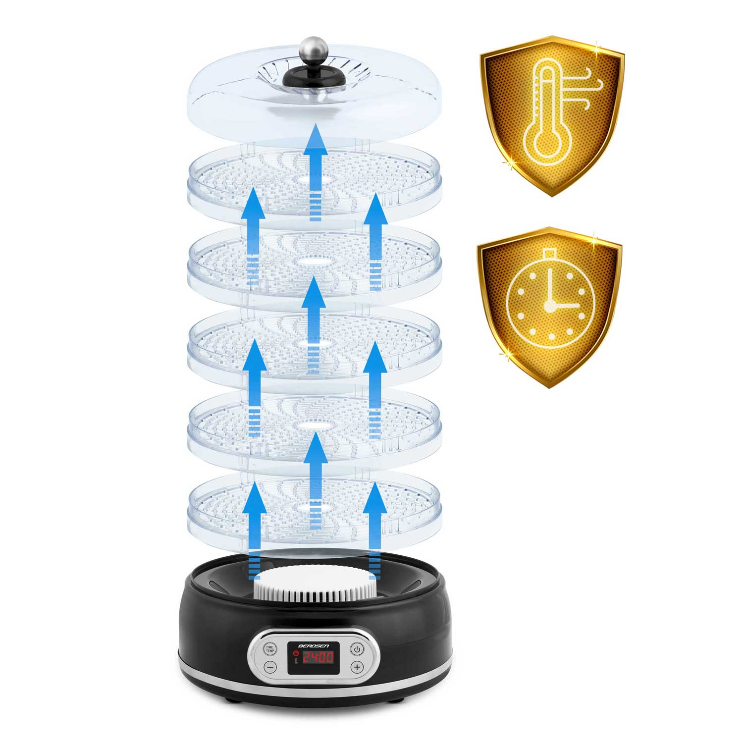 Suszarka do żywności z tacami, strzałki pokazujące przepływ powietrza. Symbole temperatury i czasu na złotych tarczach.