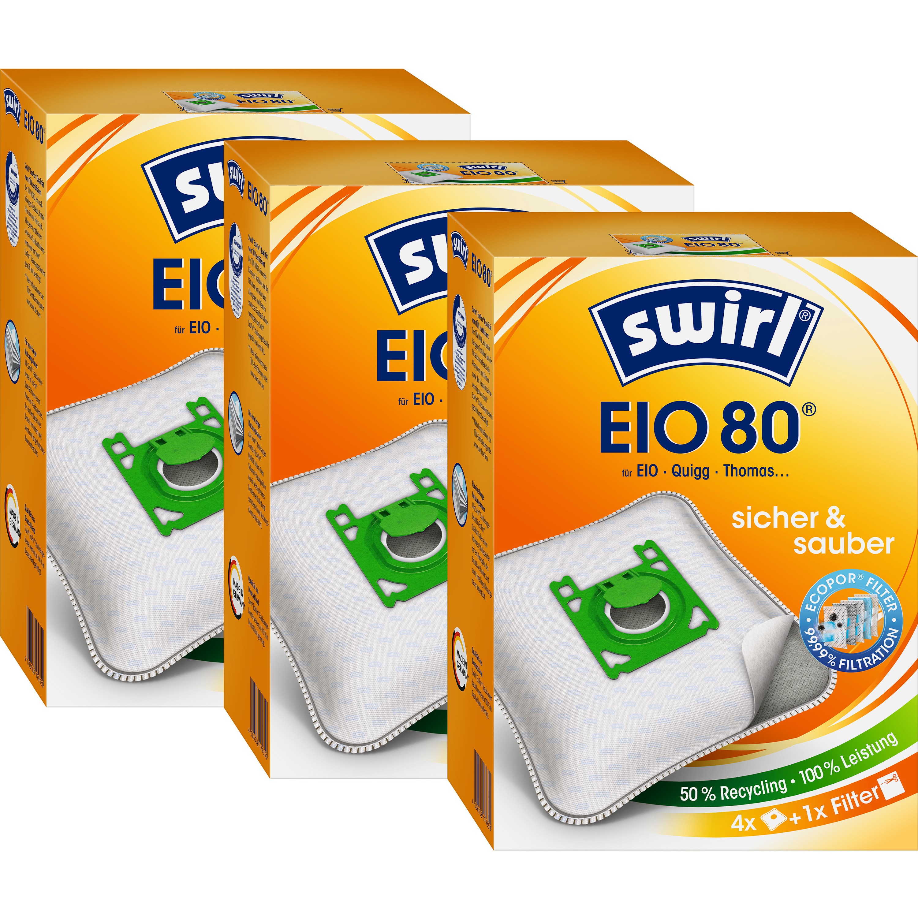 Drei Kartons mit Swirl EIO 80 Staubsaugerbeuteln. Die Kartons sind orange und weiß mit grünen Akzenten und Text.