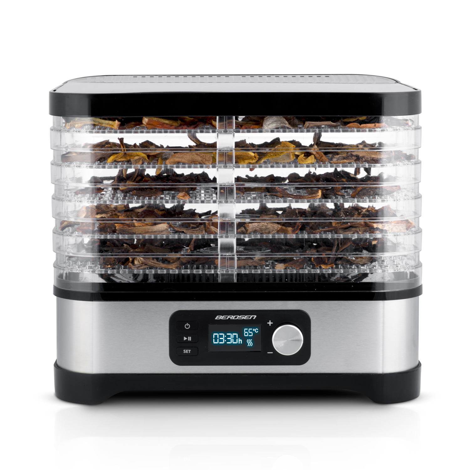 Suszarka do żywności z wieloma tacami wypełnionymi suszoną żywnością. Posiada cyfrowy wyświetlacz oraz srebrno-czarną konstrukcję.