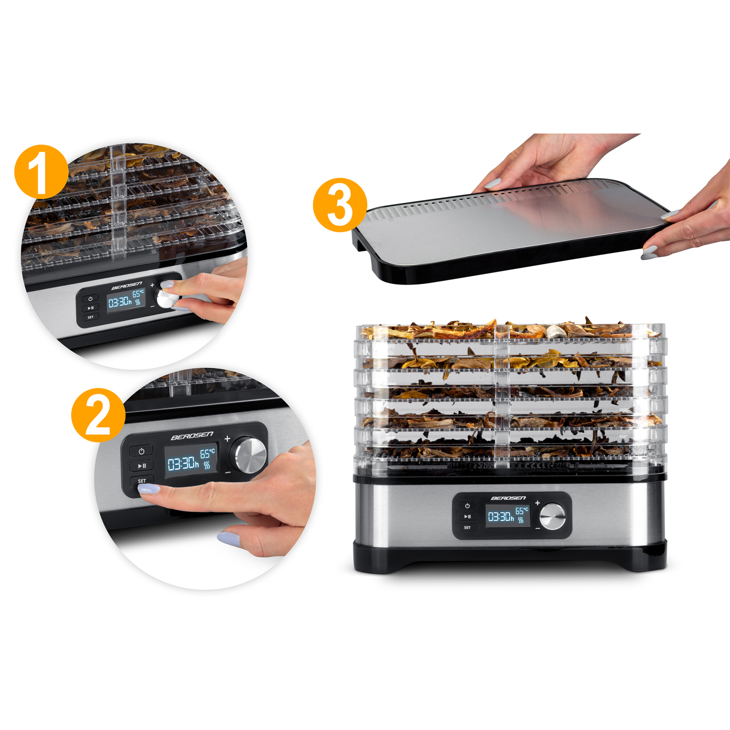 Suszarka do żywności z tacami z jedzeniem, osoba regulująca ustawienia i dłonie trzymające tacę.