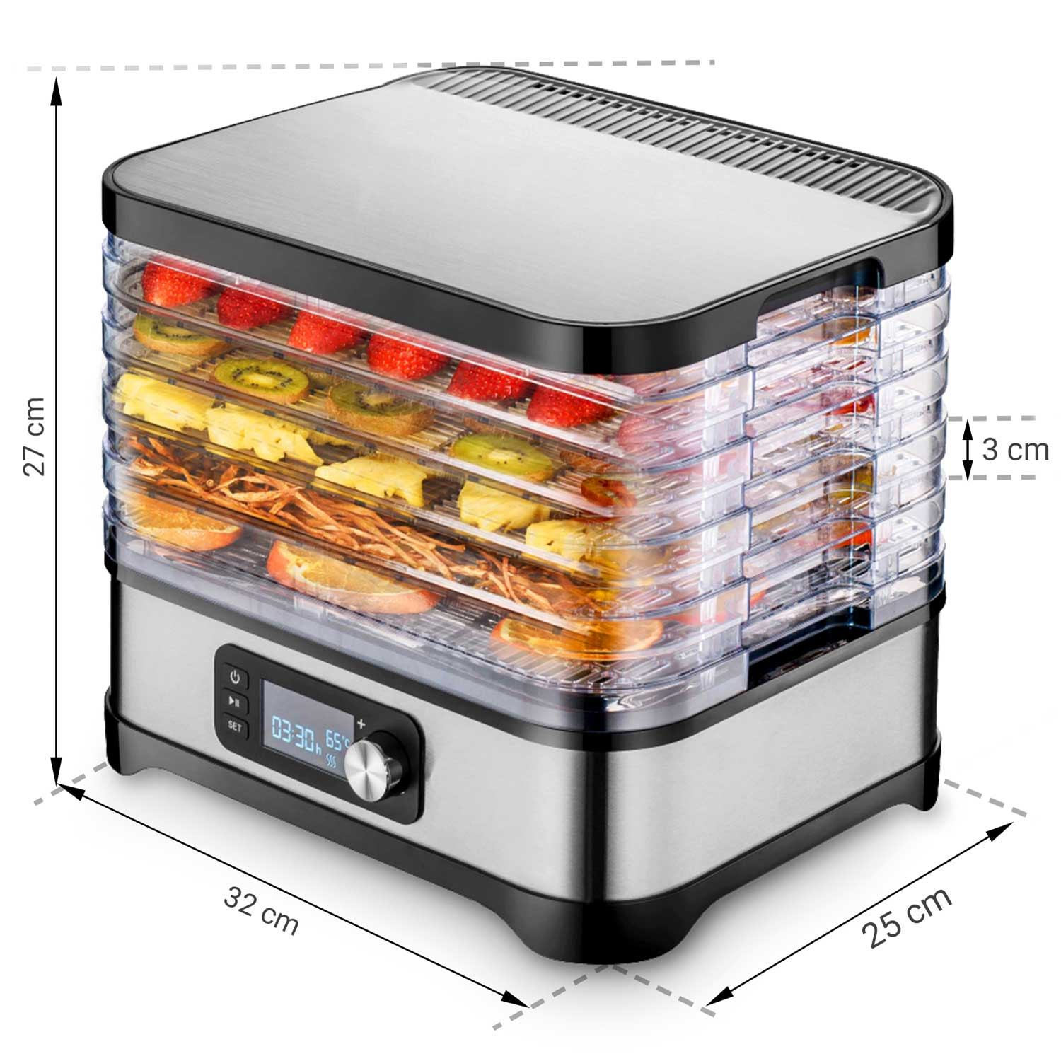 Suszarka do żywności z różnymi owocami w środku. Ma metalową górę i podstawę z przezroczystymi plastikowymi tacami.